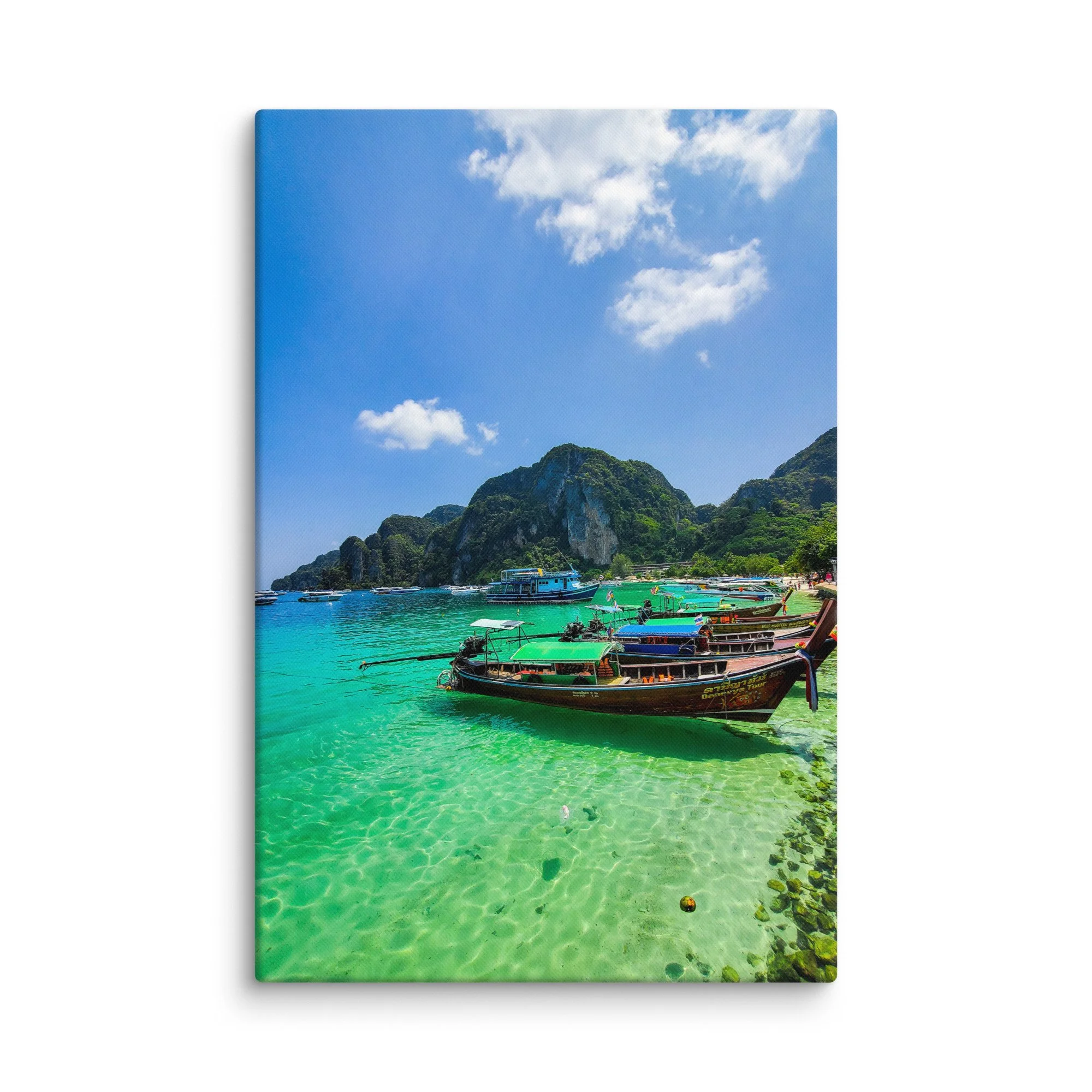 Vibrant Phi Phi Islands beach with colorful longtail boats in turquoise water, limestone cliffs and blue sky – Thailand tropical travel photography canvas print wall art decor