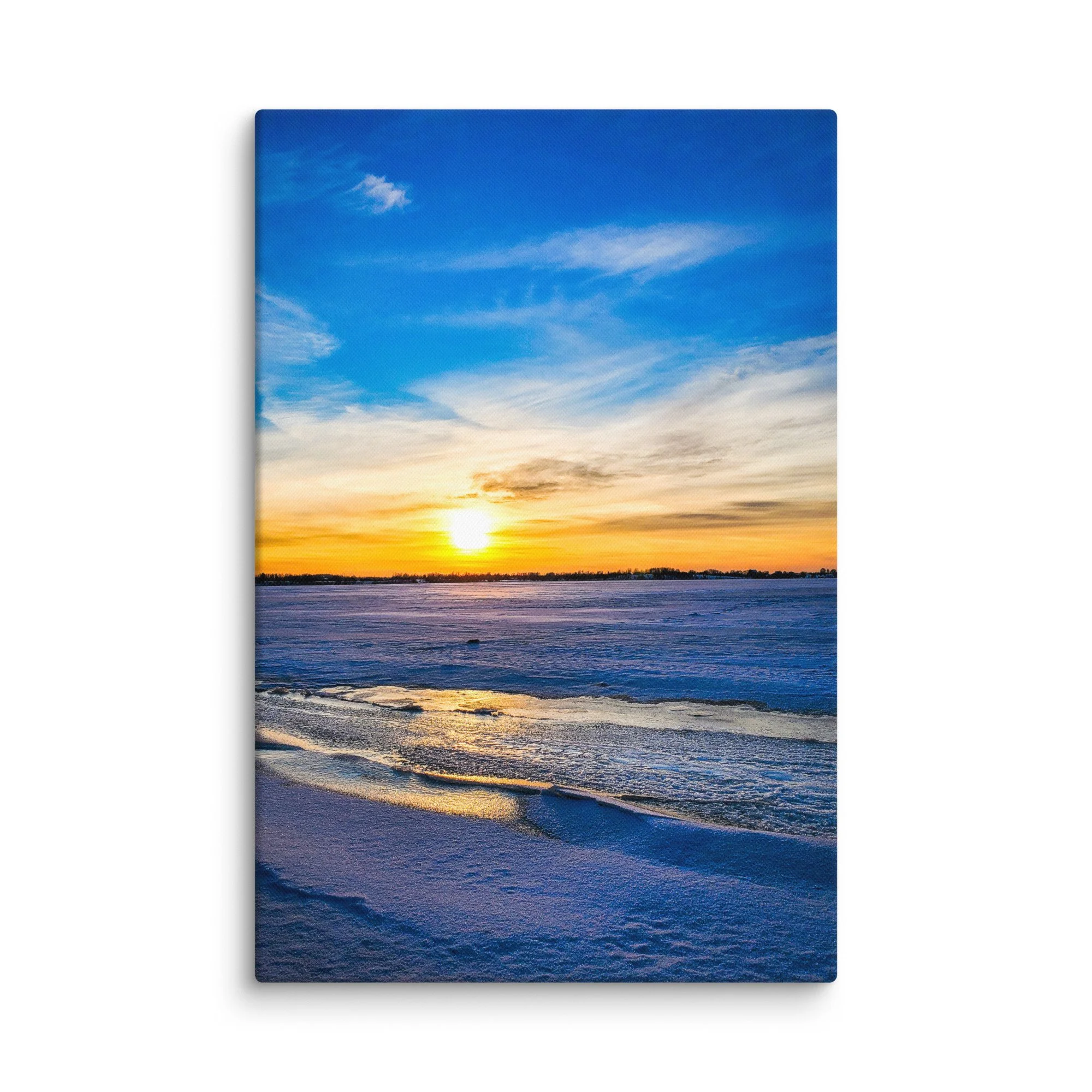 Serene frozen Baltic Sea at sunset in Latvia with glowing blue ice, snow-covered shore and golden horizon – winter travel photography canvas print wall art decor