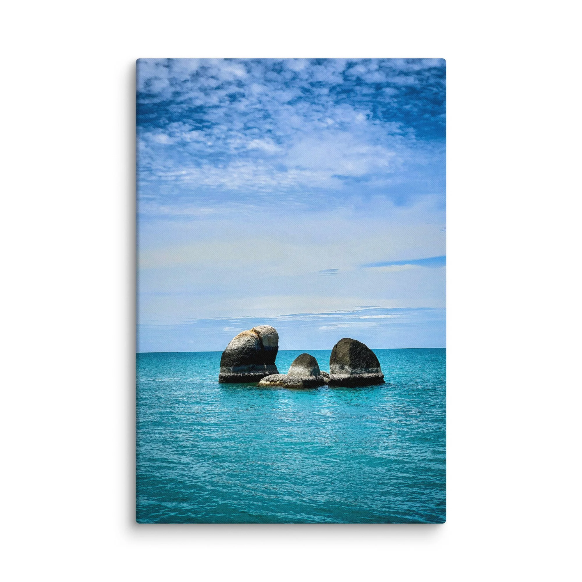 Iconic balanced granite boulders in turquoise sea at Hin Ta Hin Yai, Koh Samui, Thailand under blue cloudy sky – tropical travel photography canvas print wall art decor