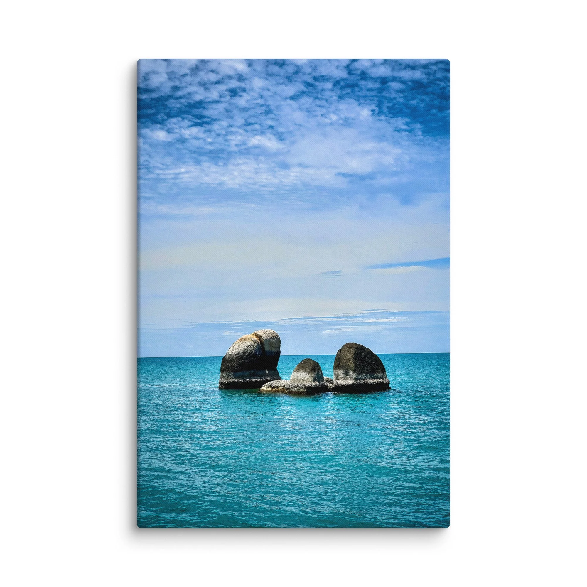 Iconic balanced granite boulders in turquoise sea at Hin Ta Hin Yai, Koh Samui, Thailand under blue cloudy sky – tropical travel photography canvas print wall art decor