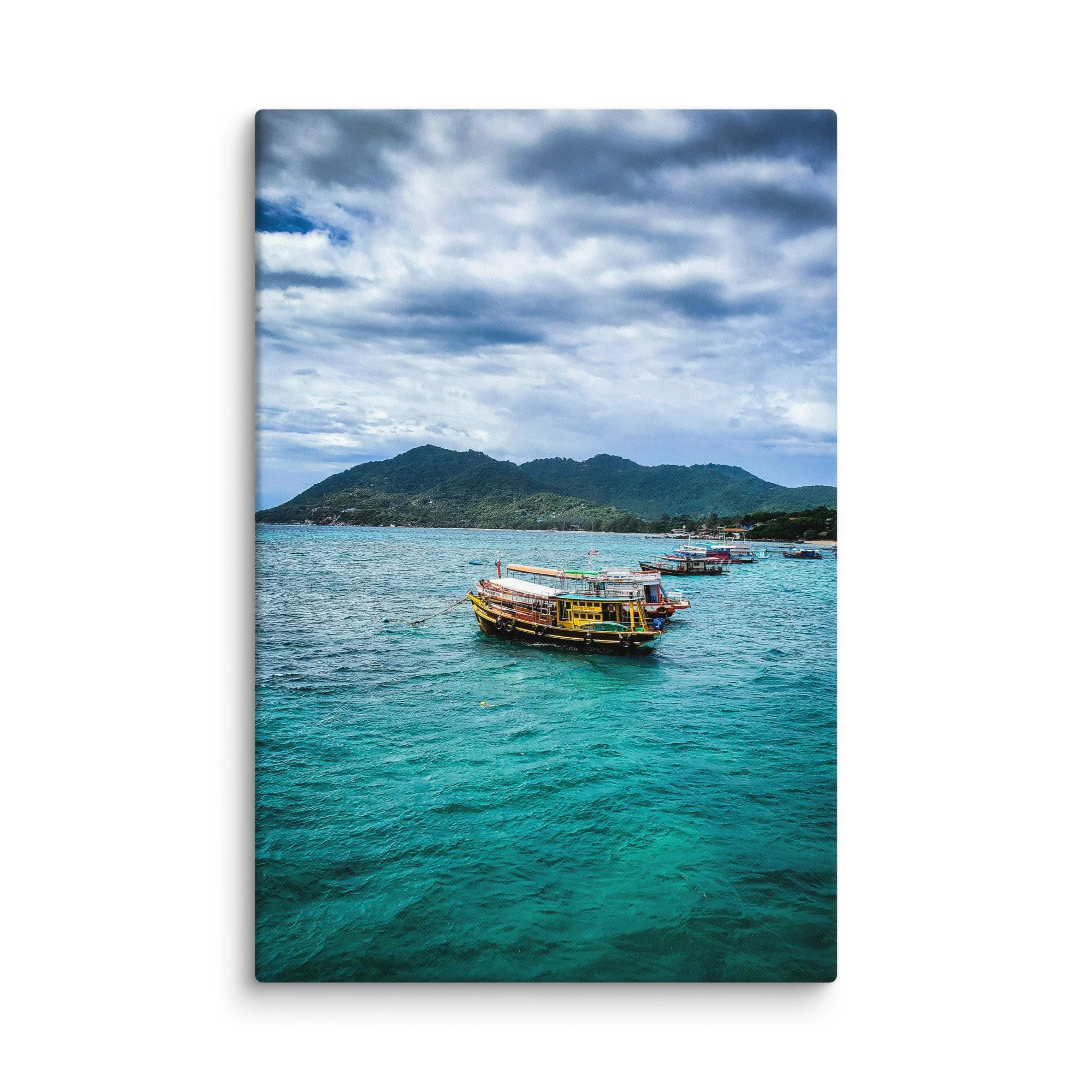 Colorful longtail boats moored in crystal-clear turquoise water with green hills and cloudy sky in Thailand – tropical travel photography canvas print wall art decor