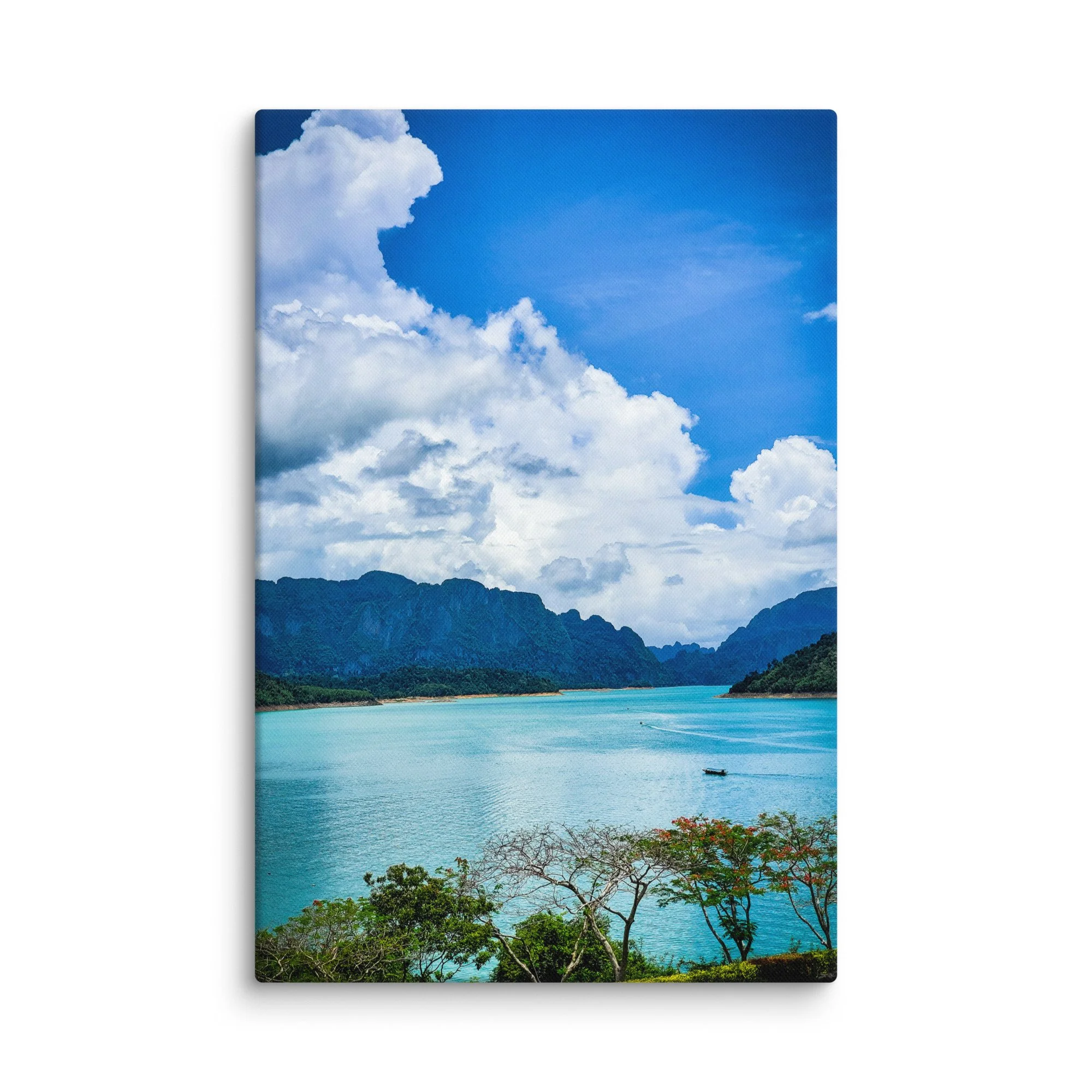 Panoramic view of turquoise Cheow Lan Lake in Khao Sok National Park with limestone karsts, jungle and distant boat – Thailand tropical travel photography canvas print wall art decor