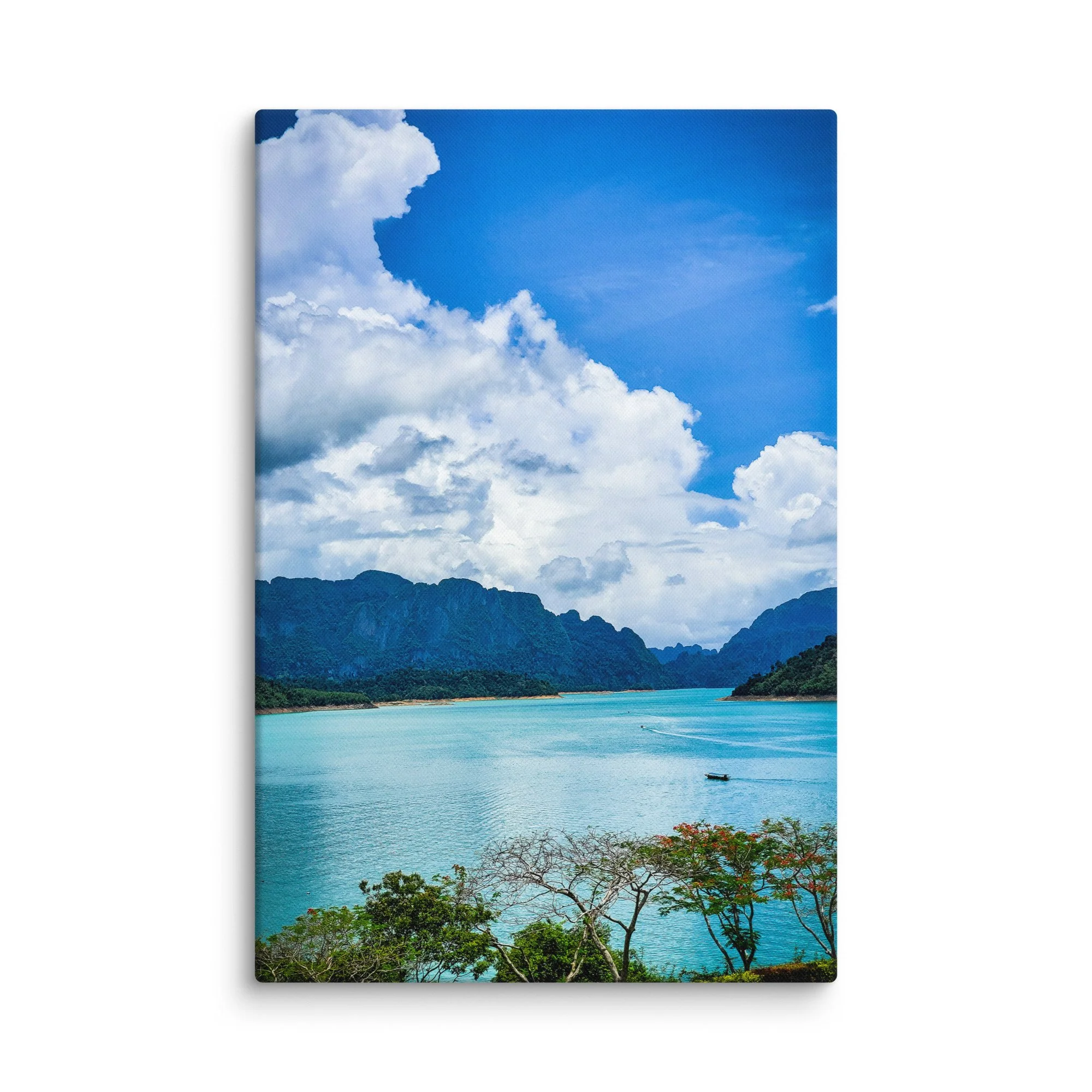 Panoramic view of turquoise Cheow Lan Lake in Khao Sok National Park with limestone karsts, jungle and distant boat – Thailand tropical travel photography canvas print wall art decor