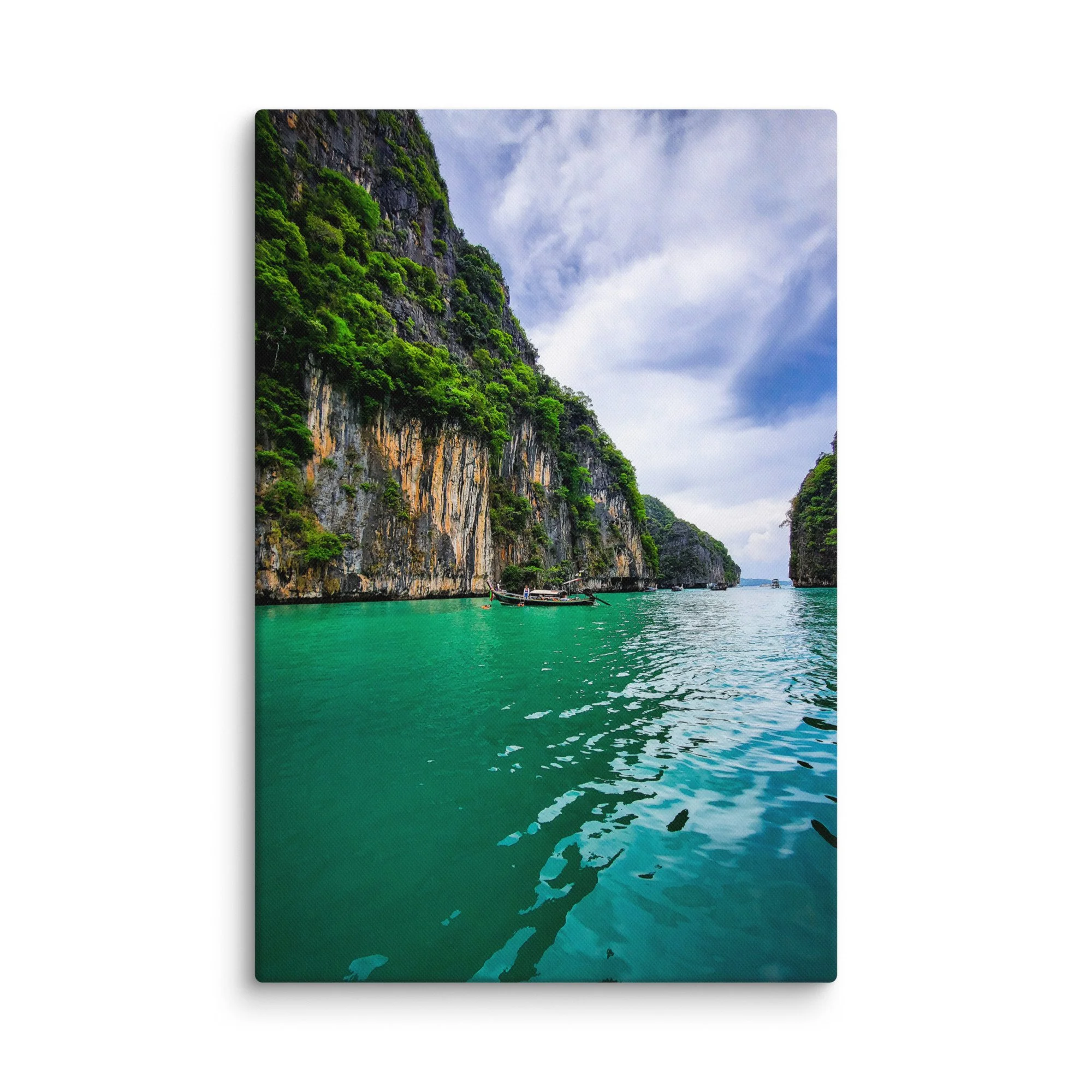 Turquoise Cheow Lan Lake in Khao Sok National Park surrounded by limestone karsts and dense jungle under blue sky – Thailand tropical travel photography canvas print wall art decor