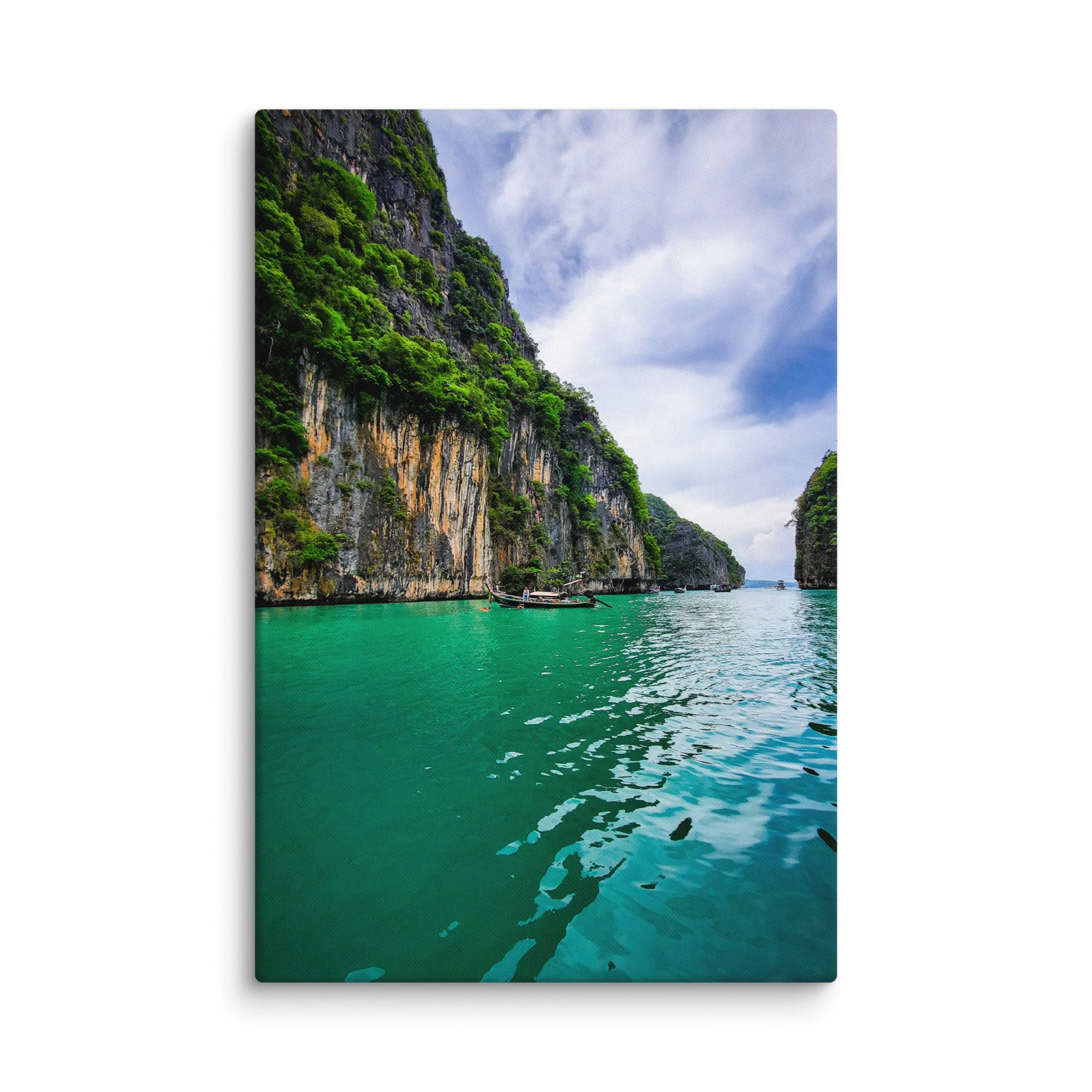 Turquoise Cheow Lan Lake in Khao Sok National Park surrounded by limestone karsts and dense jungle under blue sky – Thailand tropical travel photography canvas print wall art decor