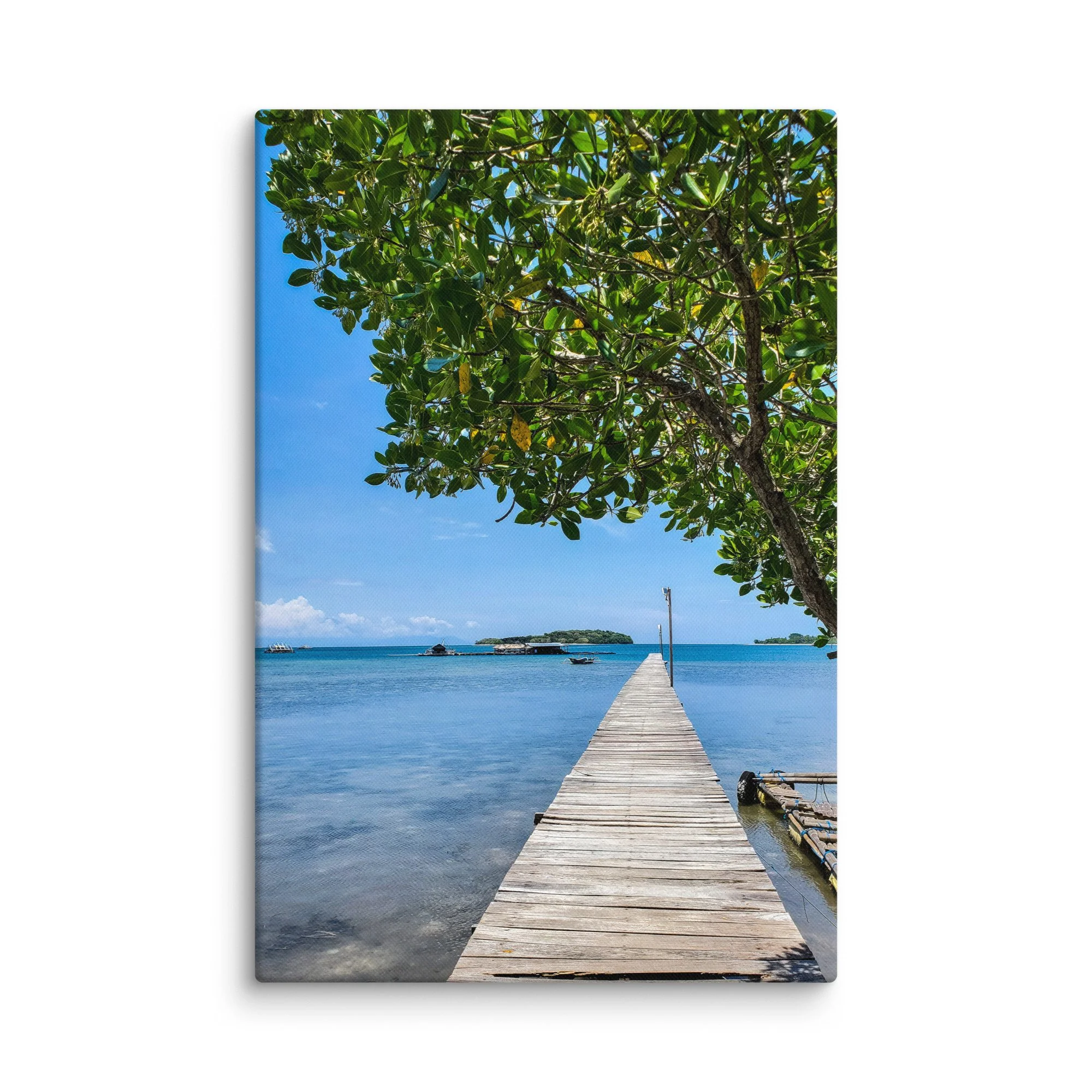 Serene wooden pier extending into turquoise waters with overhanging foliage and distant islands in Thailand – tropical travel photography canvas print wall art decor