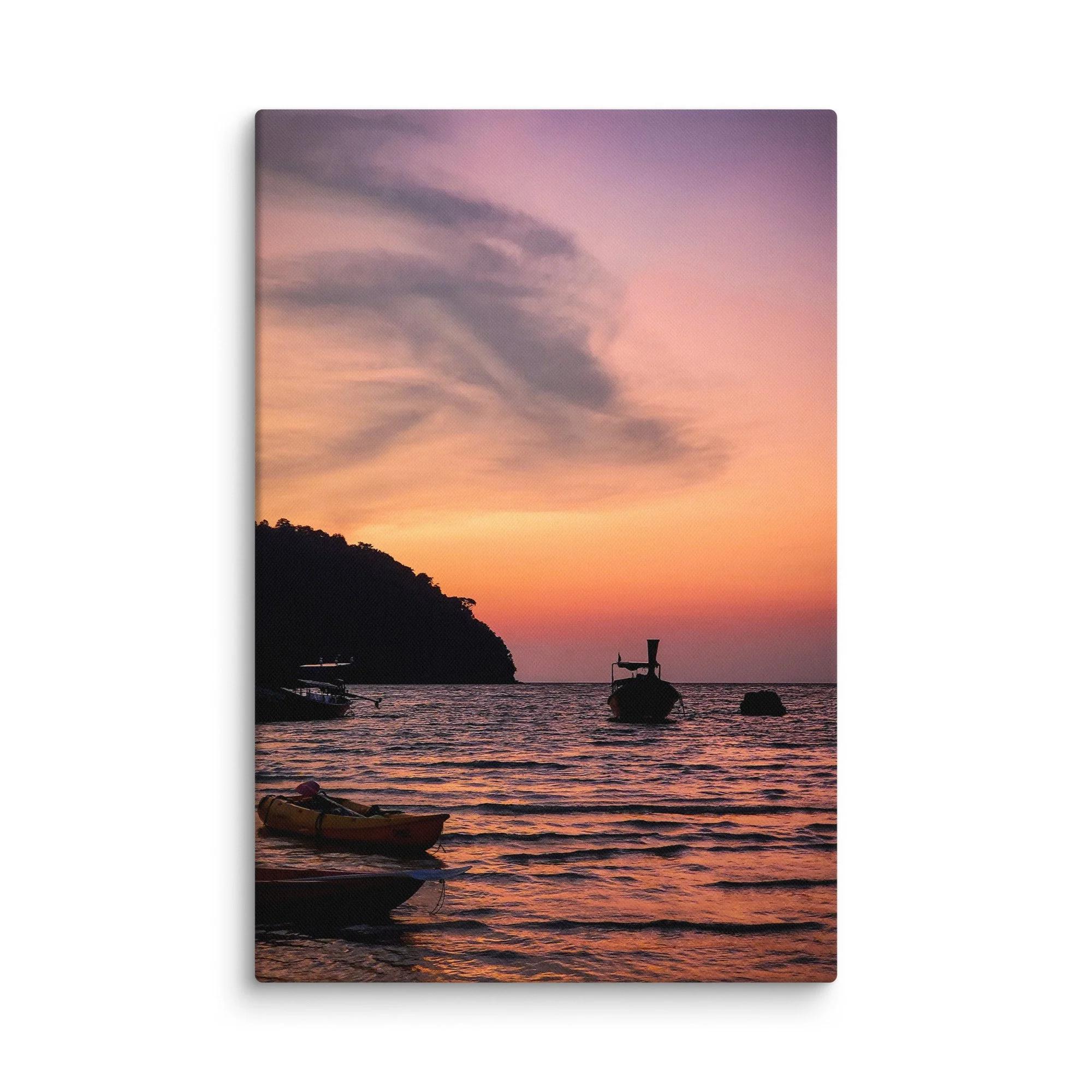 Silhouetted longtail boats at sunset in Phi Phi Islands, Thailand with purple-pink sky and calm sea – tropical travel photography canvas print wall art decor