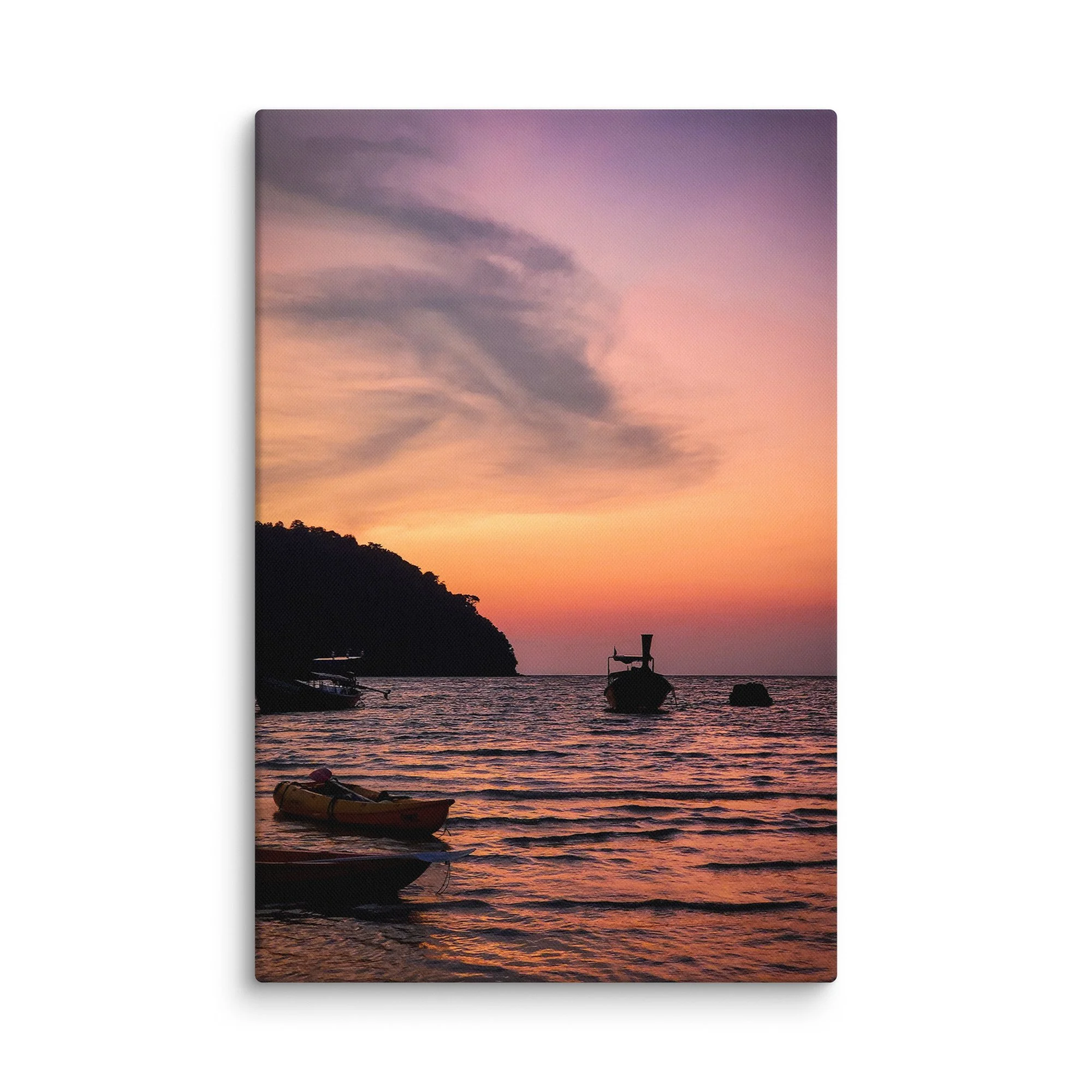 Silhouetted longtail boats at sunset in Phi Phi Islands, Thailand with purple-pink sky and calm sea – tropical travel photography canvas print wall art decor