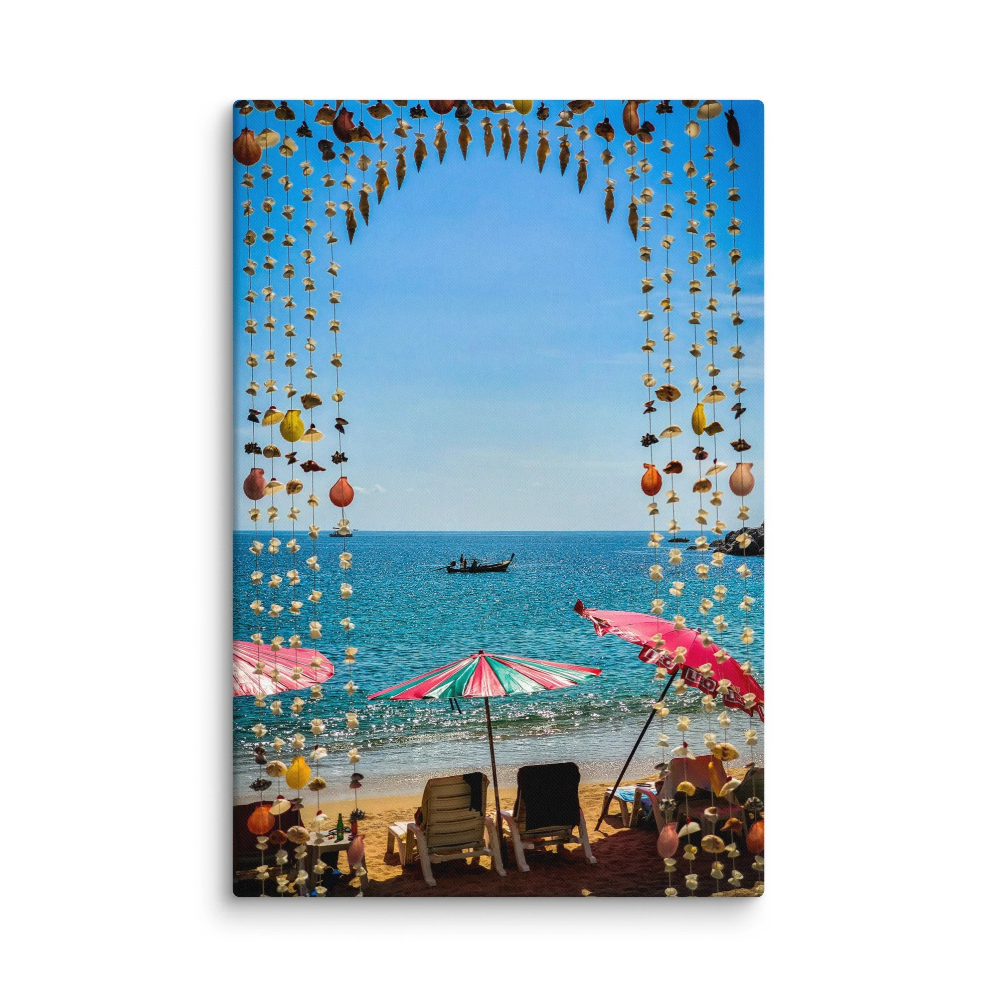 Seashell and dried starfish arch framing colorful umbrellas and turquoise sea on Phuket beach, Thailand with longtail boat – tropical travel photography canvas print wall art decor