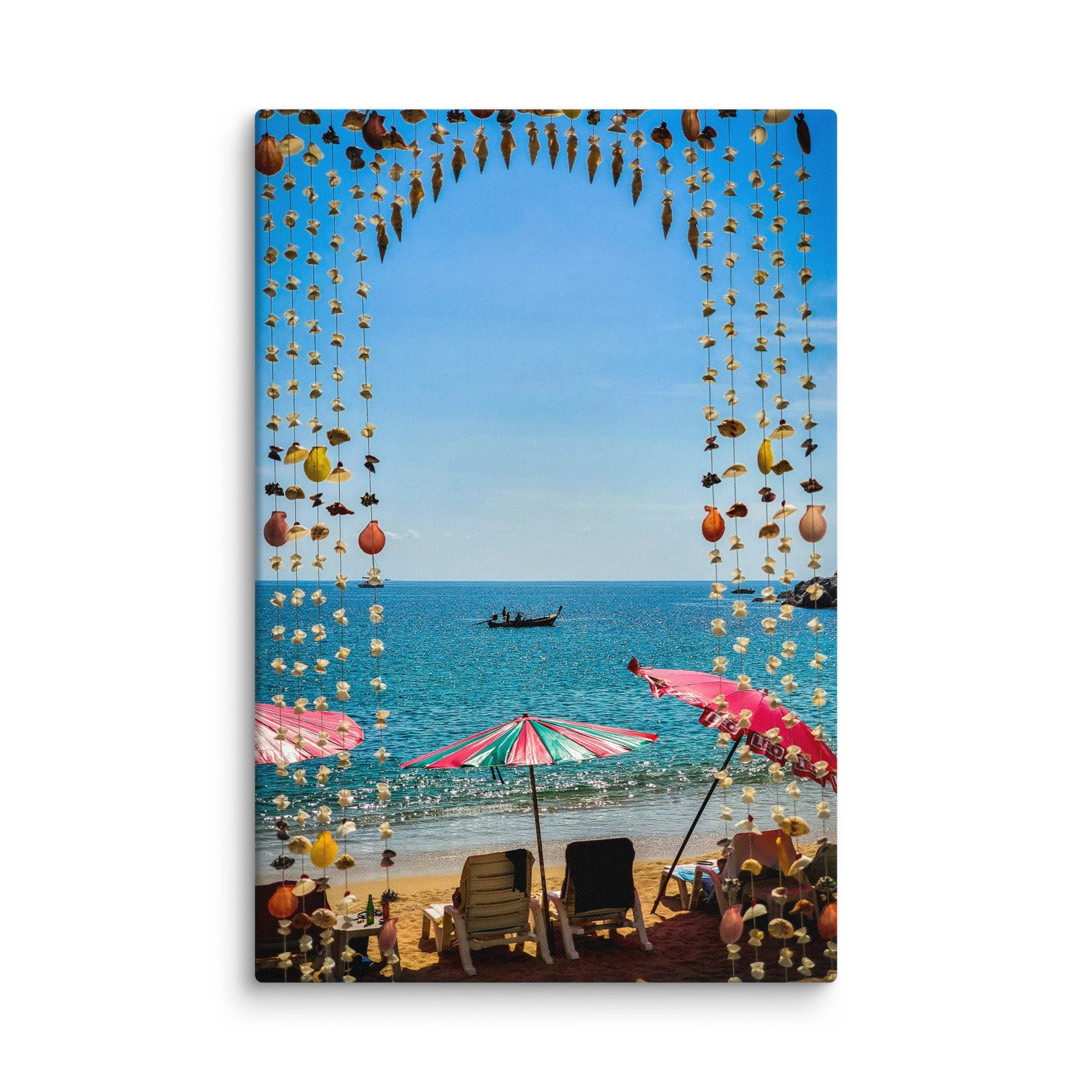 Seashell and dried starfish arch framing colorful umbrellas and turquoise sea on Phuket beach, Thailand with longtail boat – tropical travel photography canvas print wall art decor