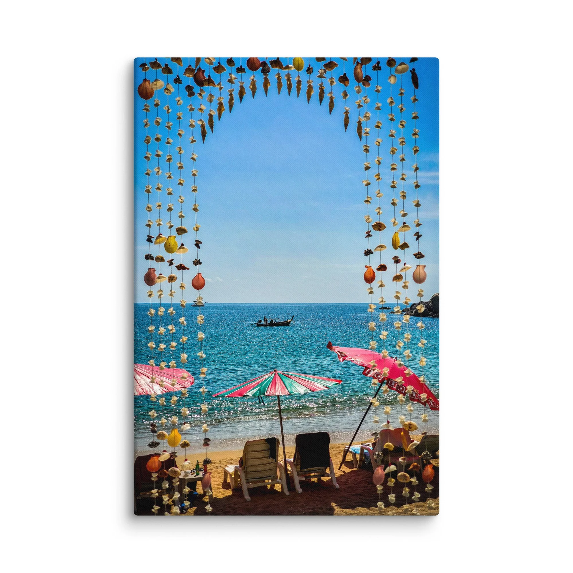 Seashell and dried starfish arch framing colorful umbrellas and turquoise sea on Phuket beach, Thailand with longtail boat – tropical travel photography canvas print wall art decor