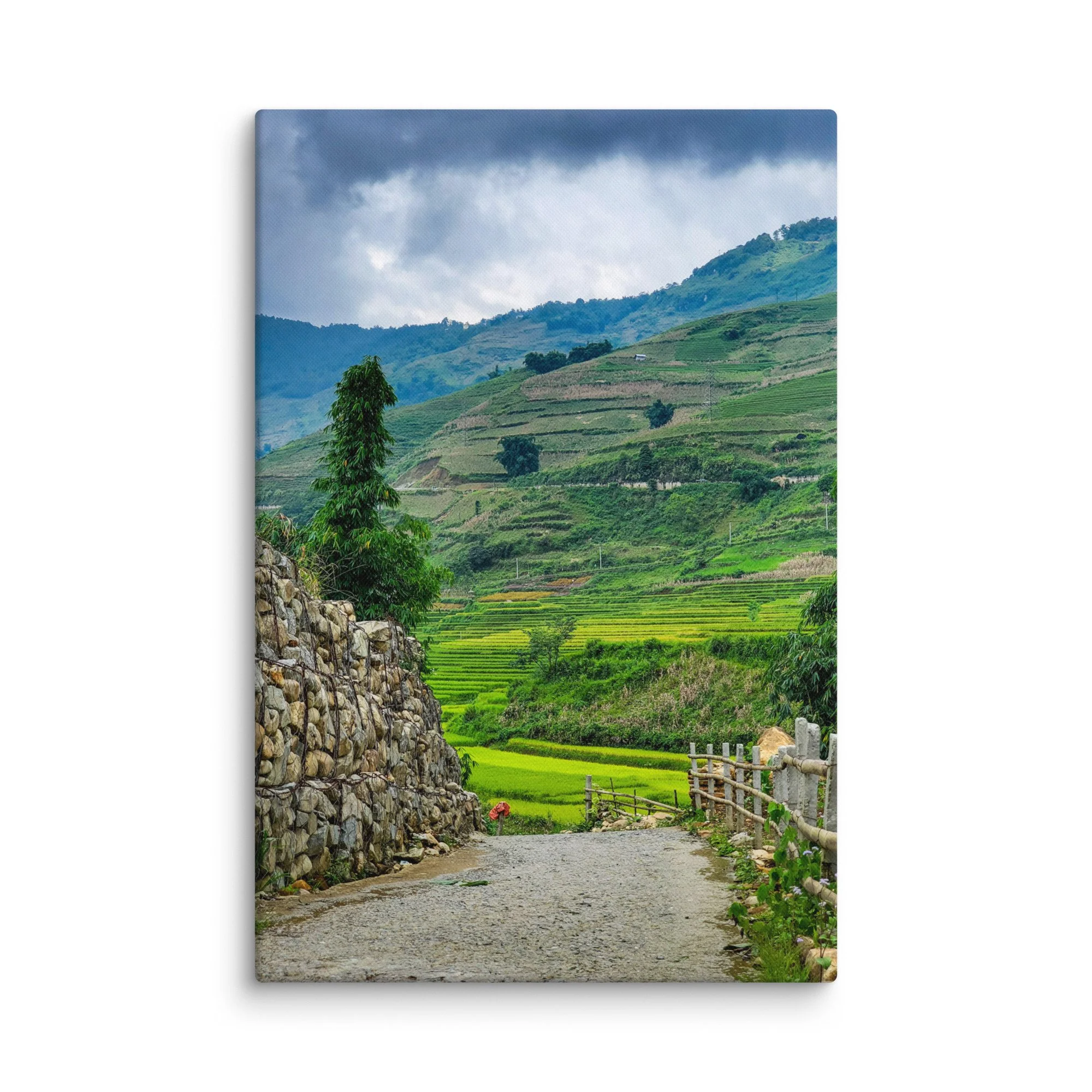Stone path winding through lush rice terraces and misty mountains in Sapa, Vietnam under dramatic sky – northern highland travel photography canvas print wall art decor