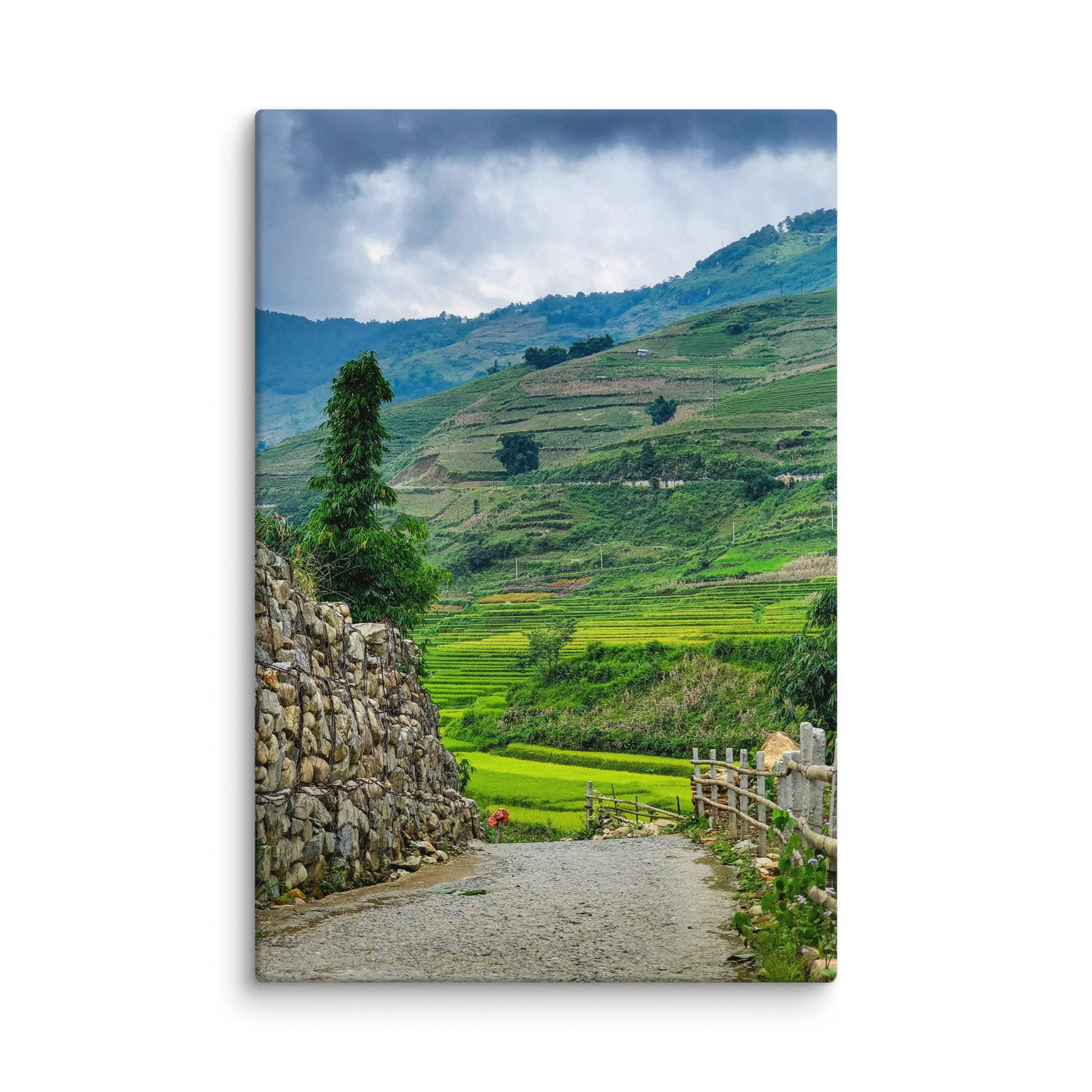 Stone path winding through lush rice terraces and misty mountains in Sapa, Vietnam under dramatic sky – northern highland travel photography canvas print wall art decor