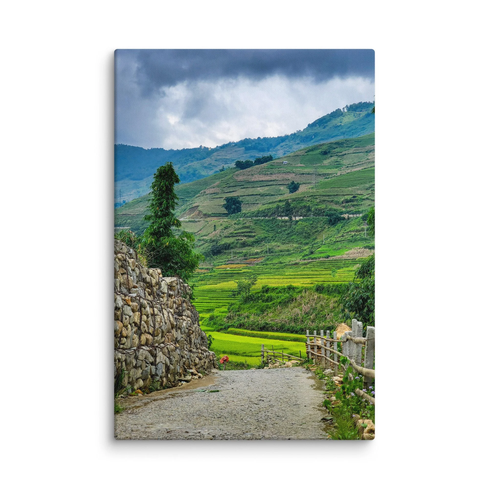 Stone path winding through lush rice terraces and misty mountains in Sapa, Vietnam under dramatic sky – northern highland travel photography canvas print wall art decor