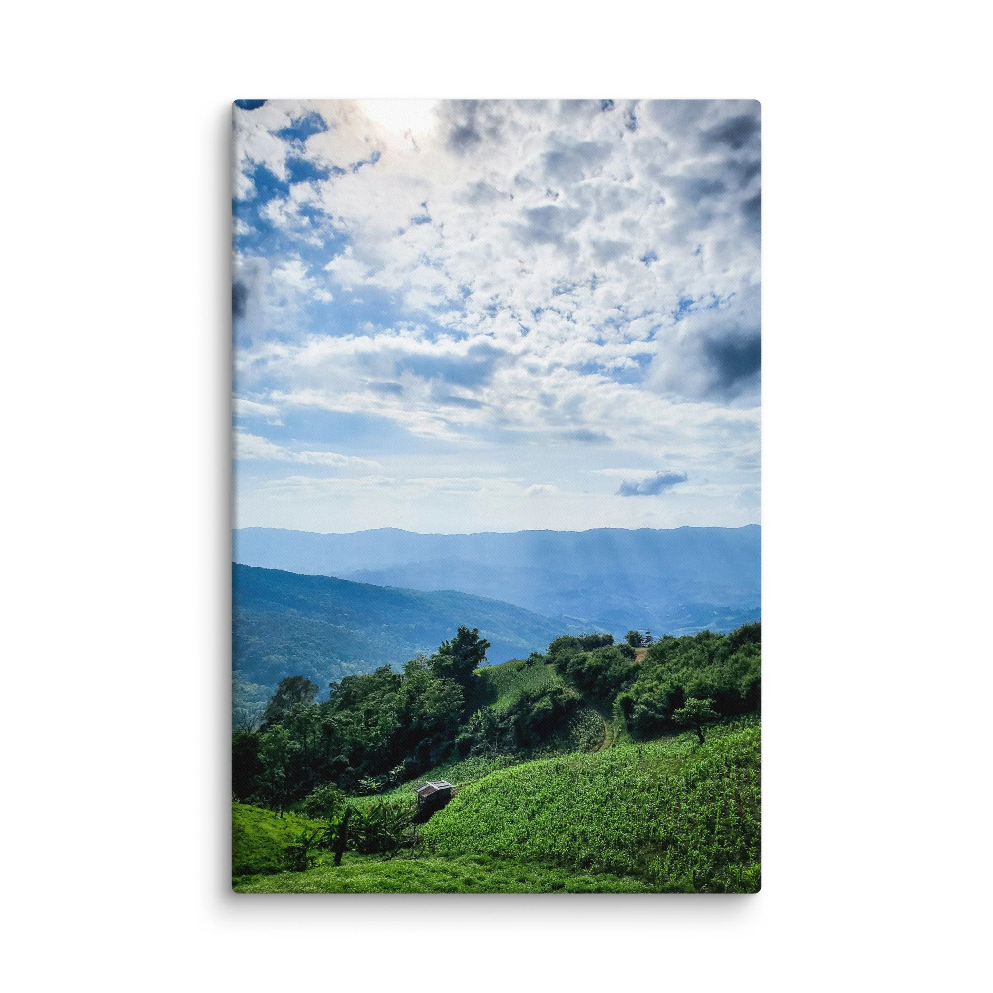 Lush green cornfields on rolling hills with misty karst mountains in northern Vietnam (Hà Giang) under dramatic sky – highland travel photography canvas print wall art decor