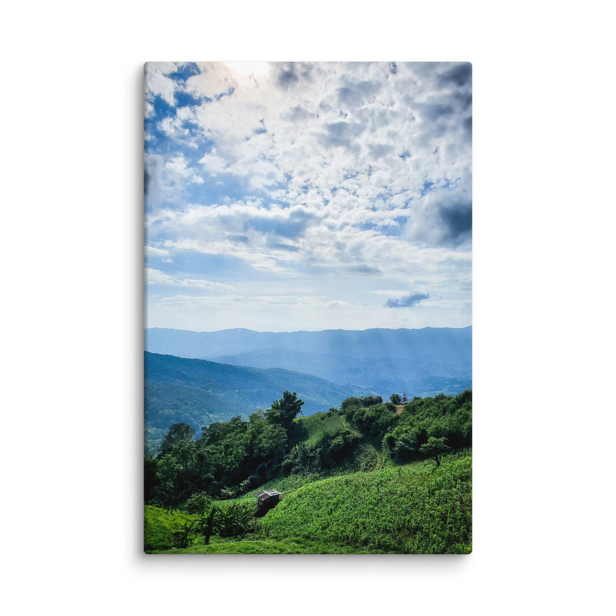 Lush green cornfields on rolling hills with misty karst mountains in northern Vietnam (Hà Giang) under dramatic sky – highland travel photography canvas print wall art decor