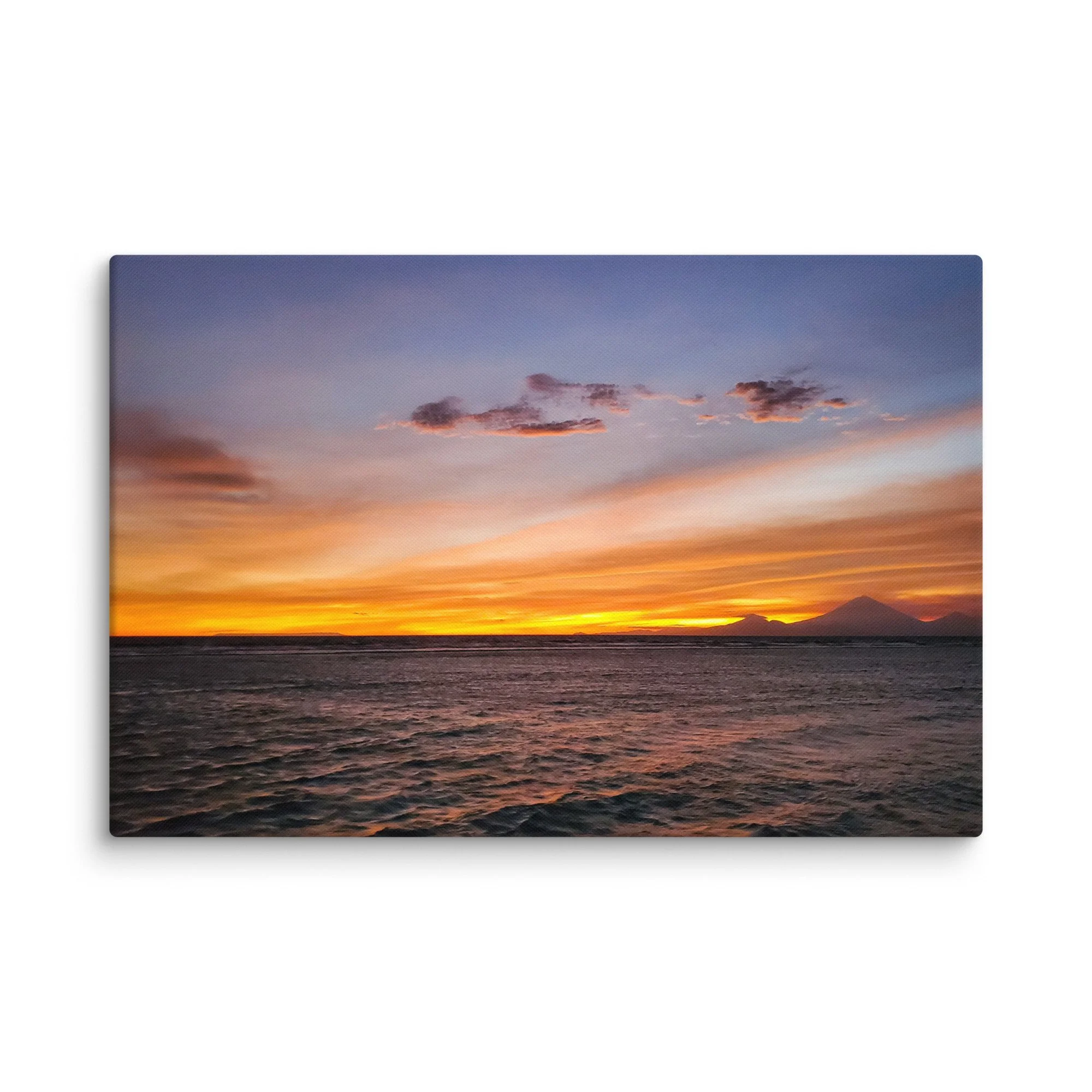 Stunning sunset over calm sea with silhouetted longtail boats and limestone karsts in Krabi, Thailand – tropical travel photography canvas print wall art decor