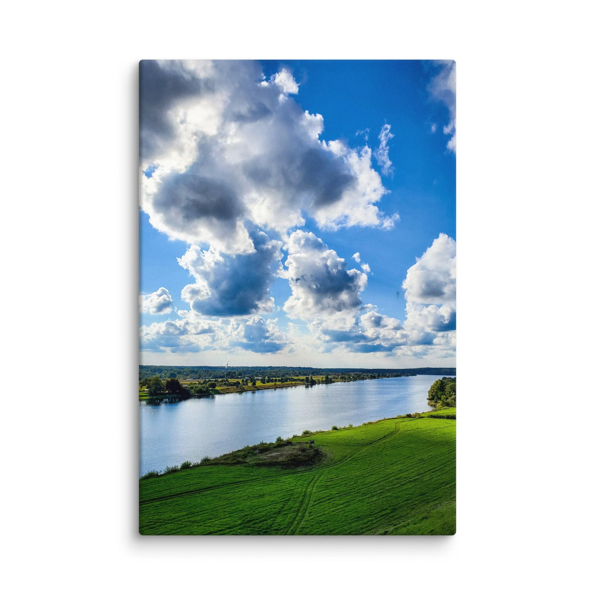 Panoramic view over the wide Daugava River valley in Latvia with green fields, distant forest and dramatic cloudy sky – countryside travel photography canvas print wall art decor