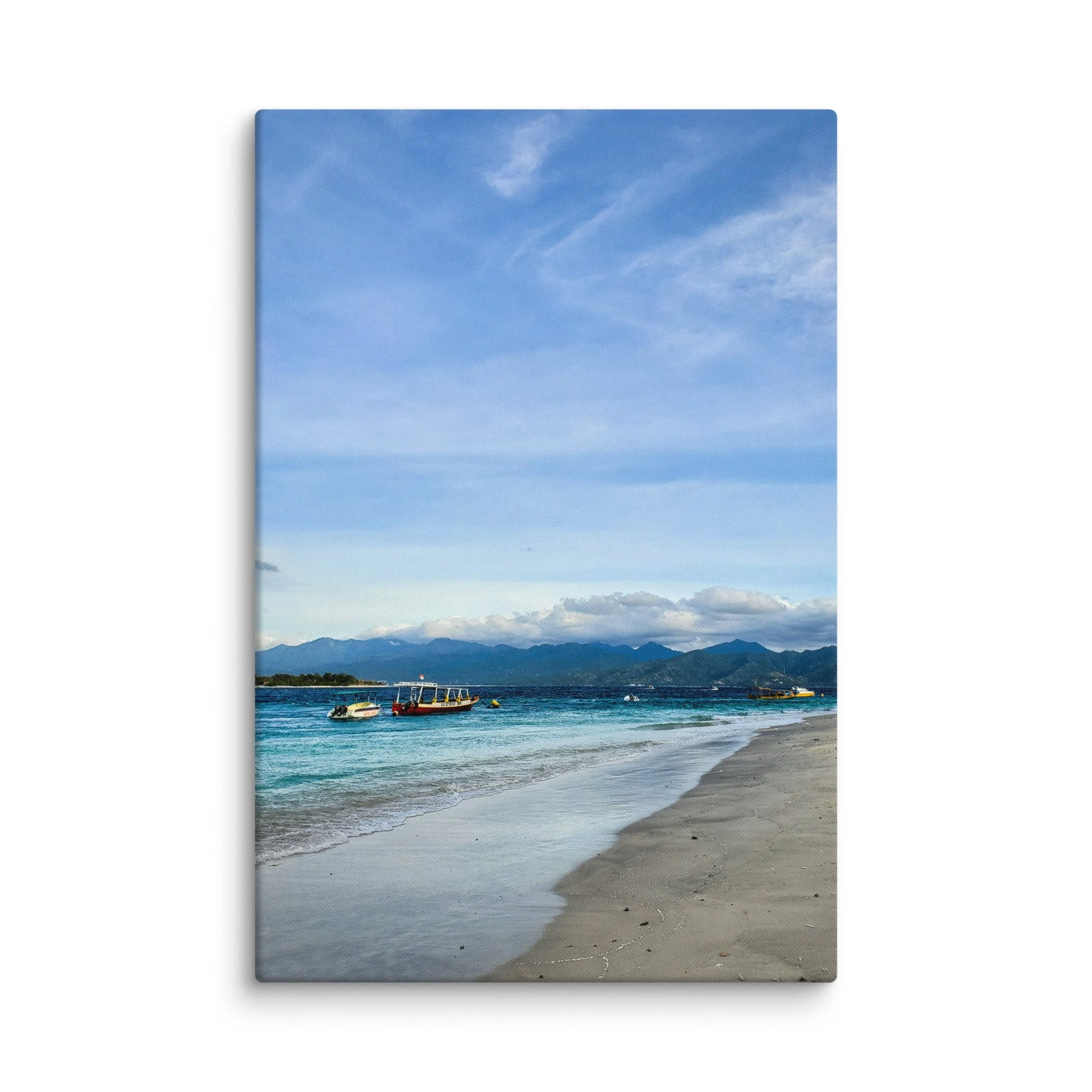 Colorful longtail boats anchored in turquoise waters at sunset on a sandy beach in Thailand with distant green islands and mountains – tropical travel photography canvas print wall art decor