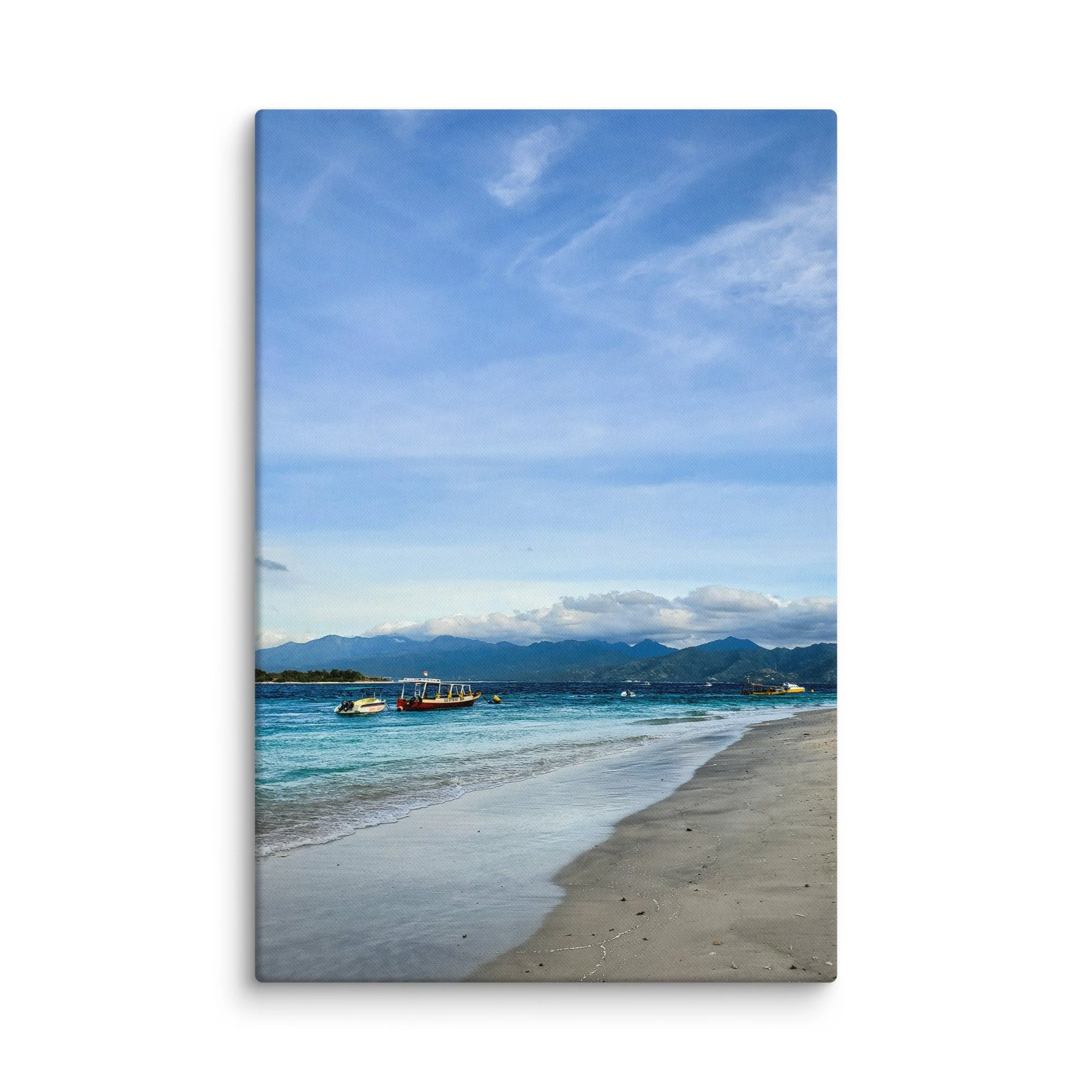 Colorful longtail boats anchored in turquoise waters at sunset on a sandy beach in Thailand with distant green islands and mountains – tropical travel photography canvas print wall art decor