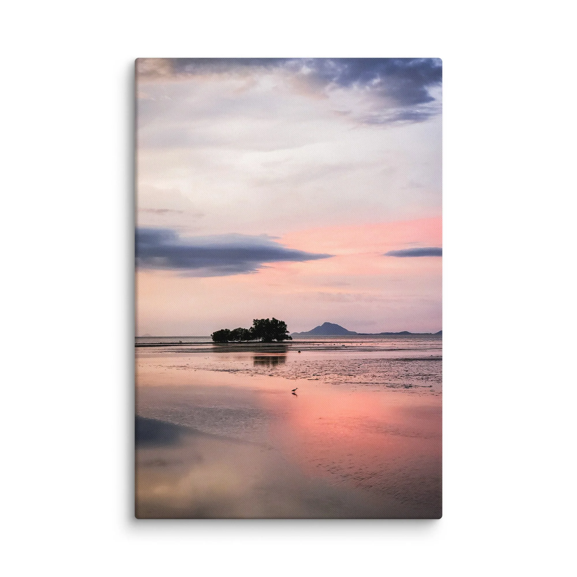 Low-tide beach at sunset in Krabi, Thailand with lone mangrove tree island, reflecting pastel sky and distant karsts – tropical travel photography canvas print wall art decor