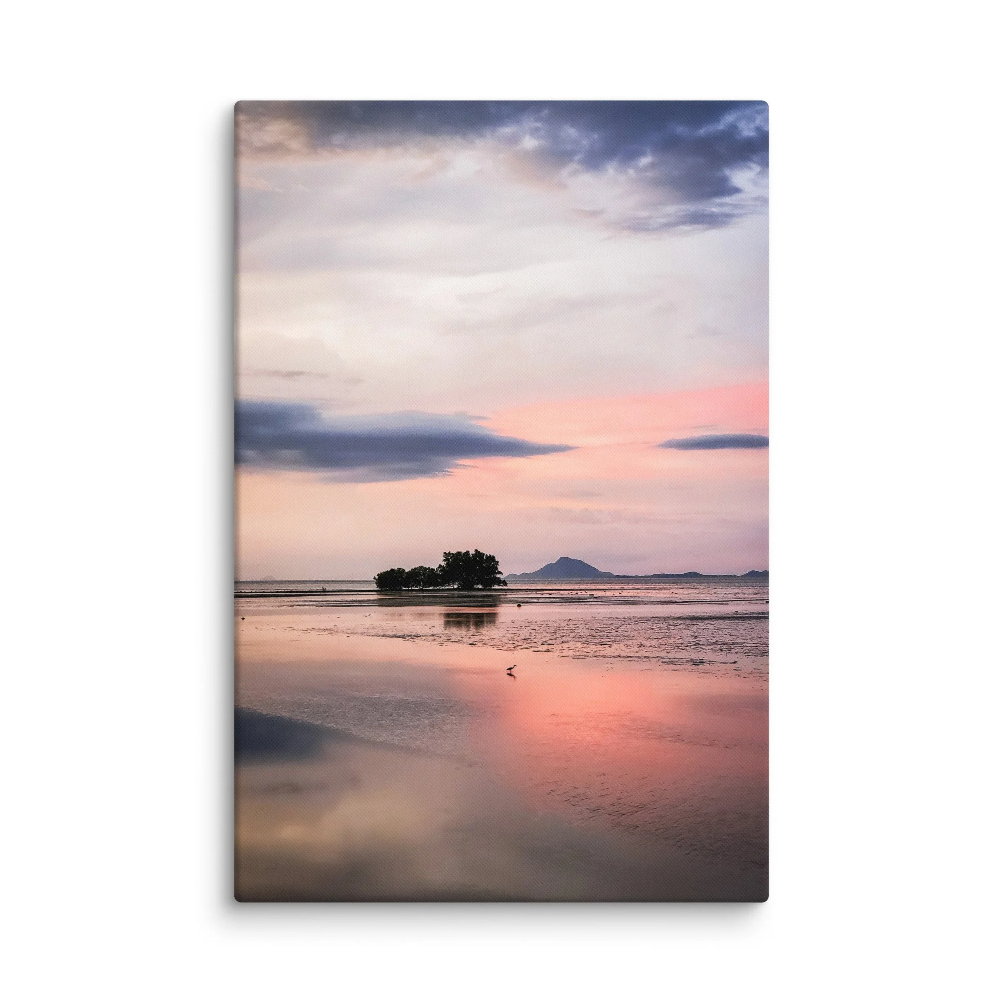 Low-tide beach at sunset in Krabi, Thailand with lone mangrove tree island, reflecting pastel sky and distant karsts – tropical travel photography canvas print wall art decor