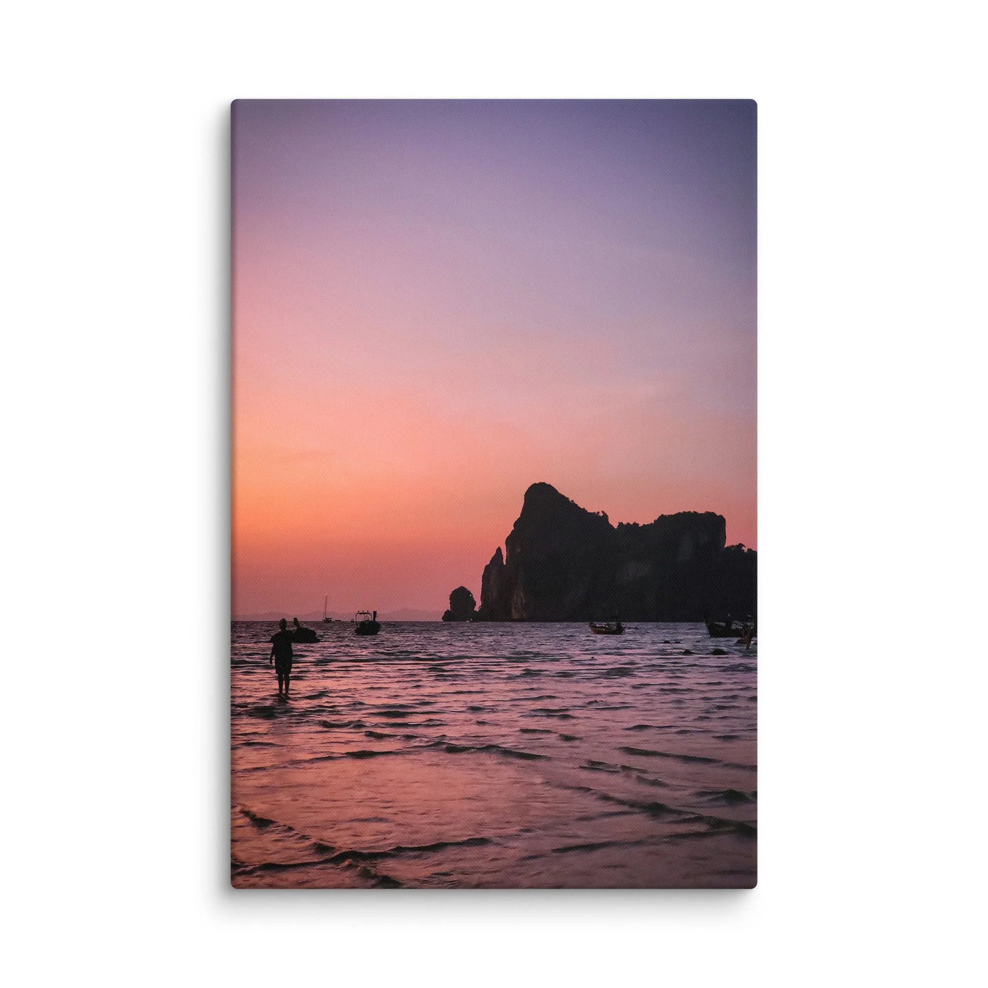 Sunset over shallow turquoise waters with longtail boats and limestone karst formations at Phi Phi Islands, Thailand – tropical travel photography canvas print wall art decor