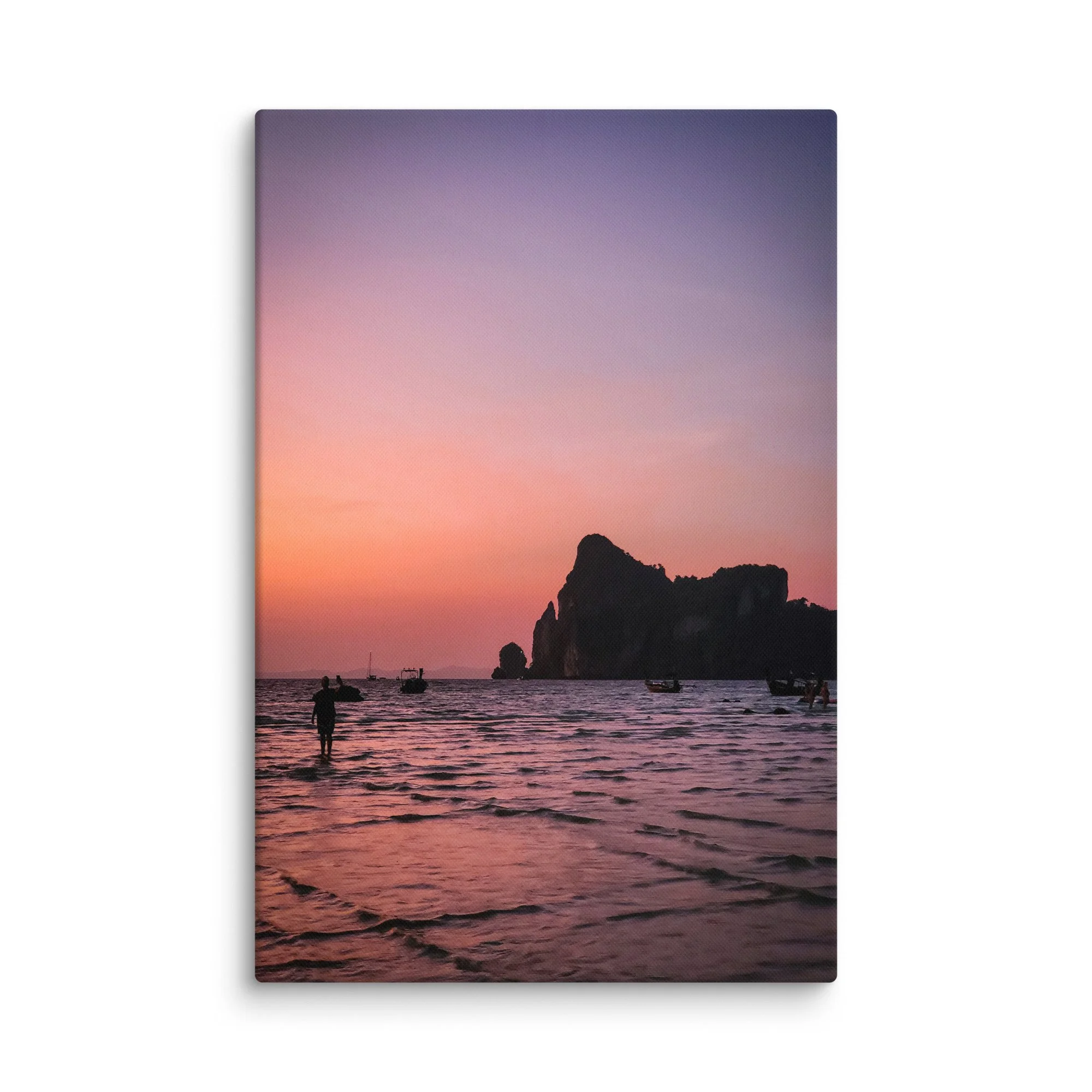 Sunset over shallow turquoise waters with longtail boats and limestone karst formations at Phi Phi Islands, Thailand – tropical travel photography canvas print wall art decor
