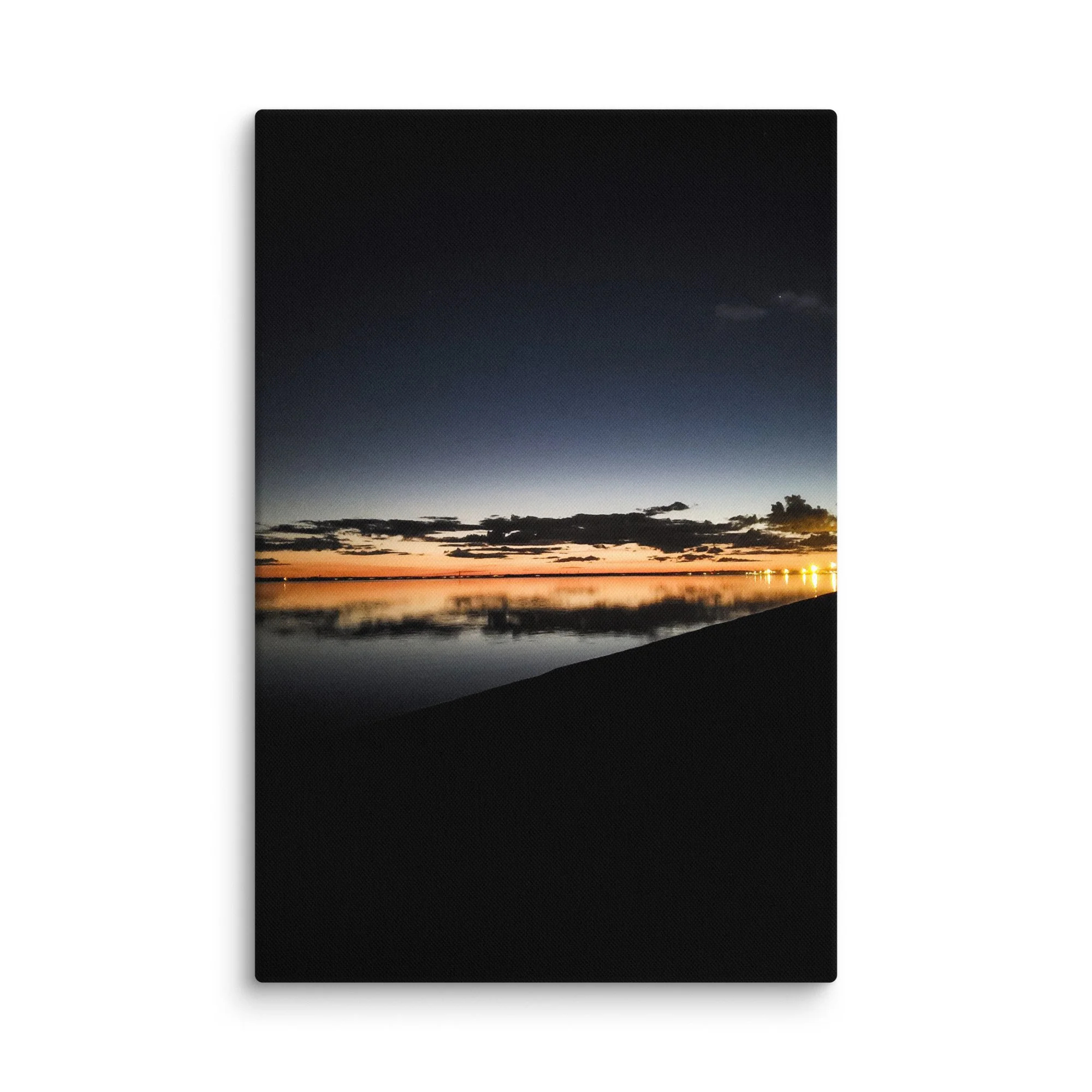 Dark sandy beach reflecting soft twilight sky and distant lights over calm Baltic waters in Latvia – Nordic travel photography canvas print wall art decor