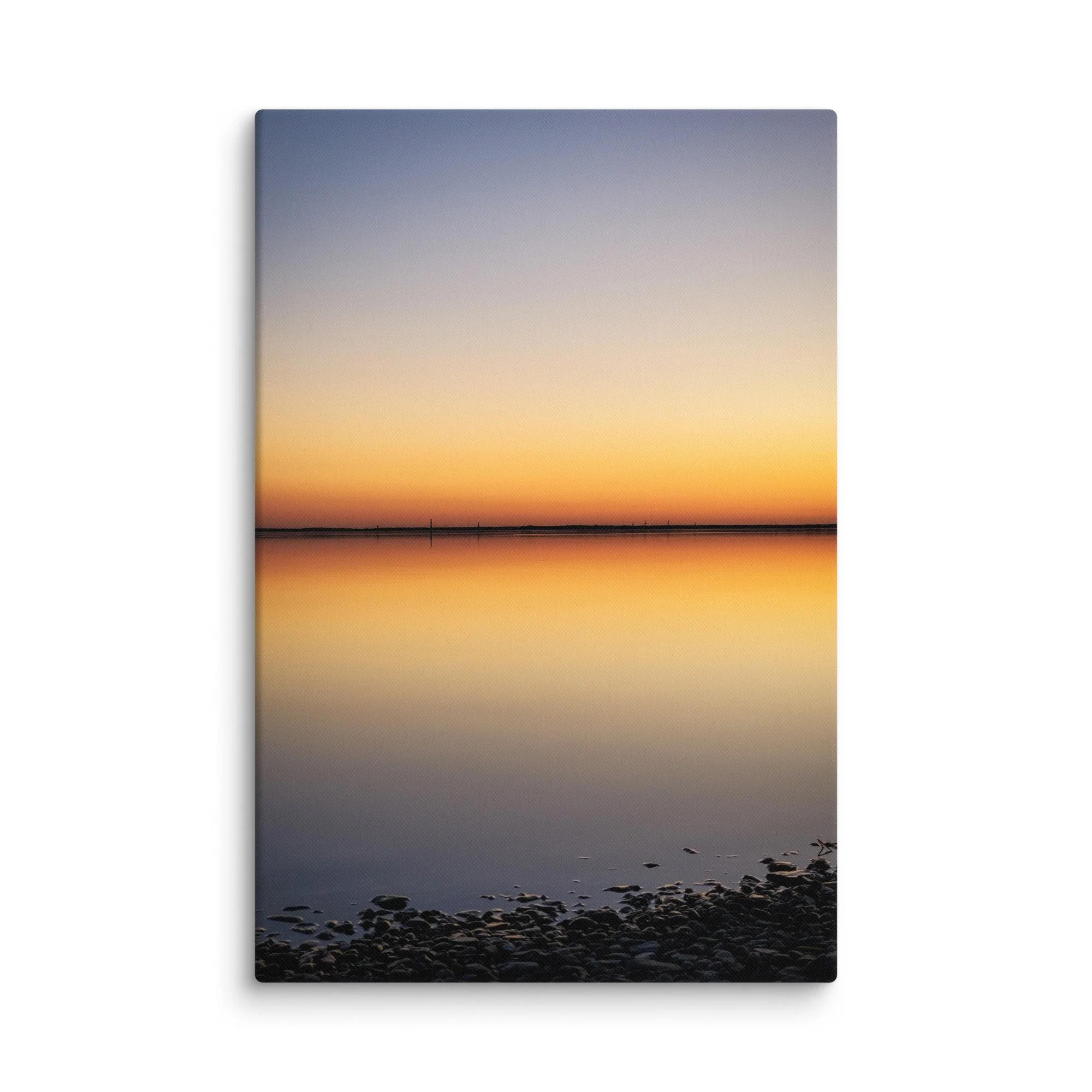 Smooth pebble beach reflecting soft sunset gradient sky over calm Baltic waters in Latvia – Nordic travel photography canvas print wall art decor