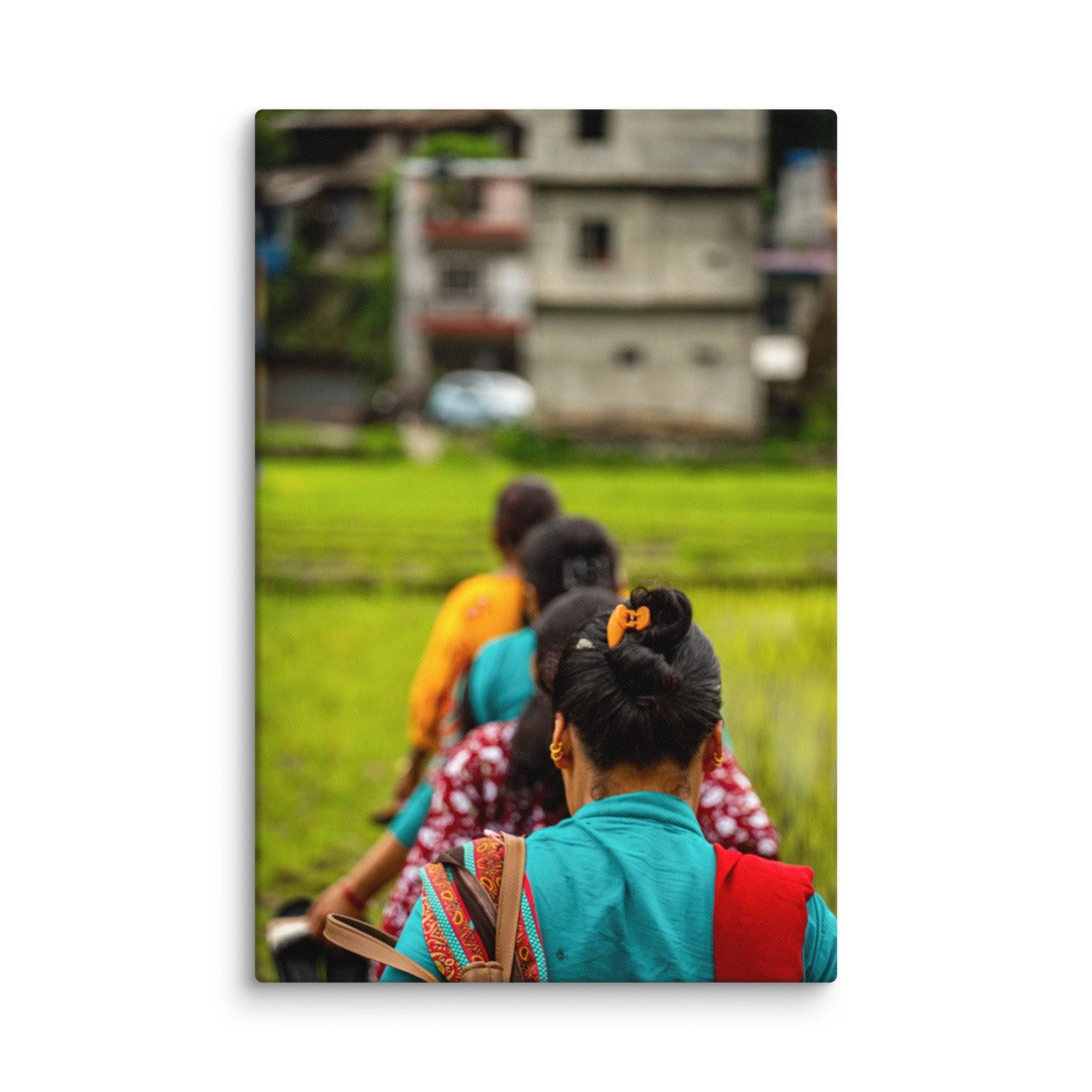 Group of Nepali women walking along a path through green rice paddies in traditional colorful clothing, back view – Himalayan cultural travel photography canvas print wall art decor