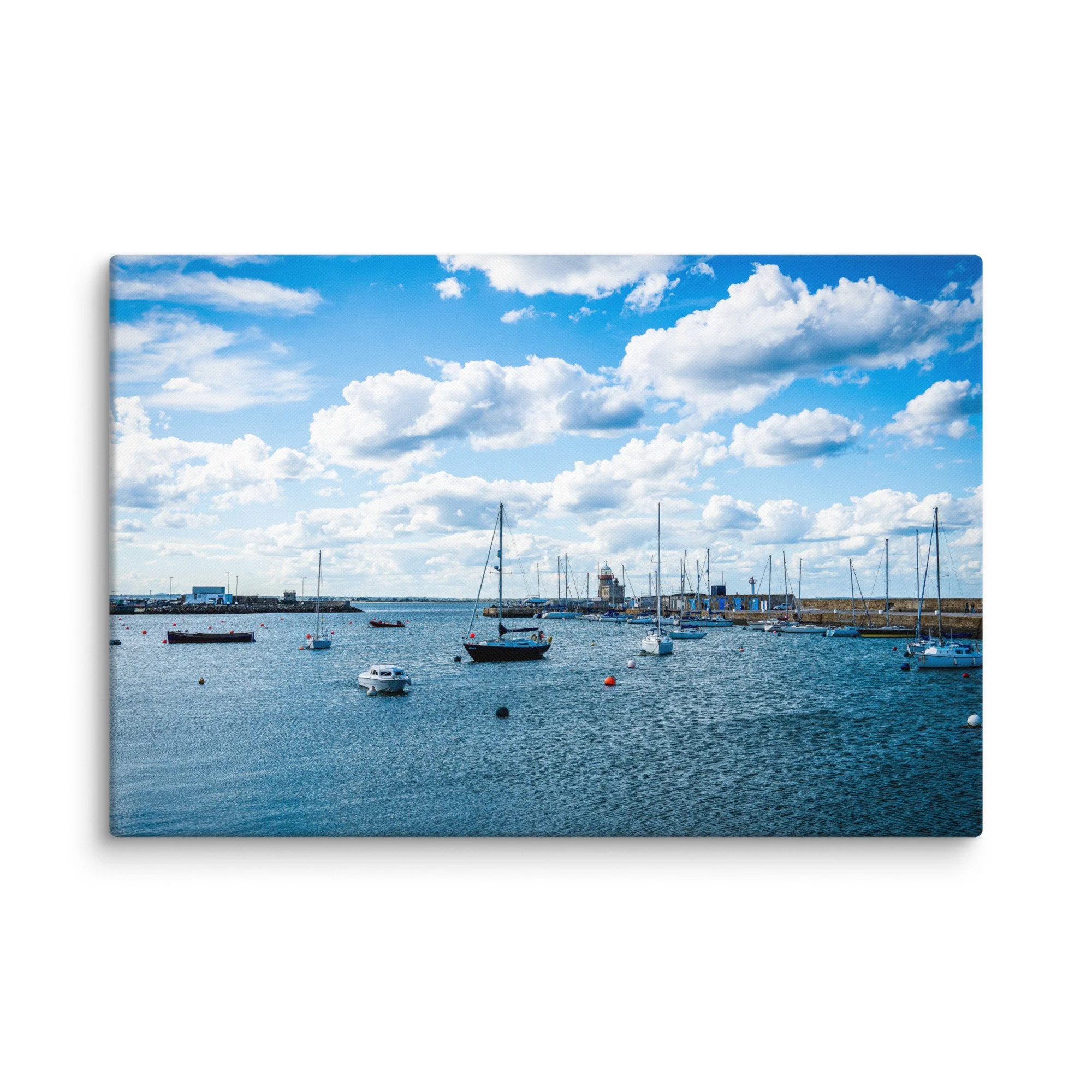 Picturesque Irish harbor filled with sailboats and fishing vessels under a brilliant blue sky with fluffy clouds – Celtic coastal travel photography canvas print wall art decor