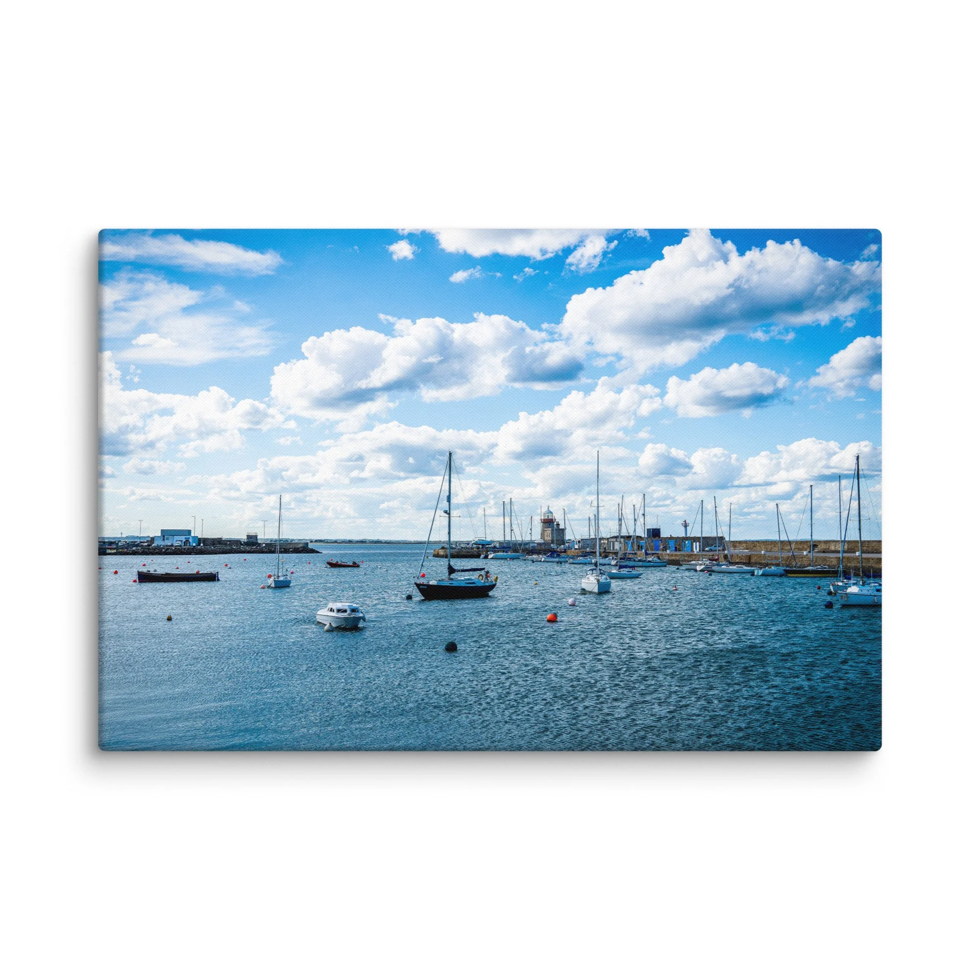Picturesque Irish harbor filled with sailboats and fishing vessels under a brilliant blue sky with fluffy clouds – Celtic coastal travel photography canvas print wall art decor