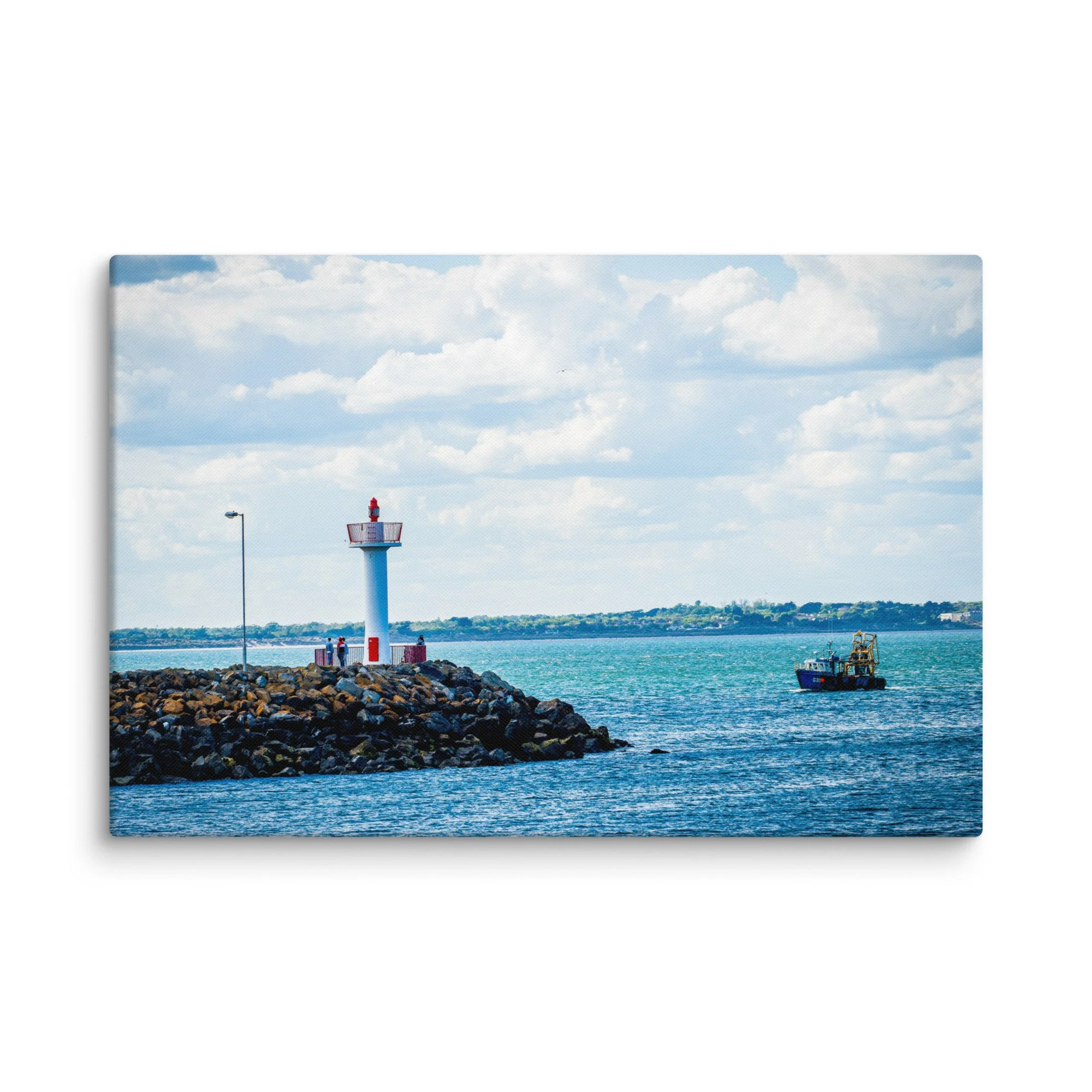 Iconic white-and-red lighthouse on stone pier with fishing trawler and calm blue waters in Howth, Ireland under bright sky – Celtic coastal travel photography canvas print wall art decor