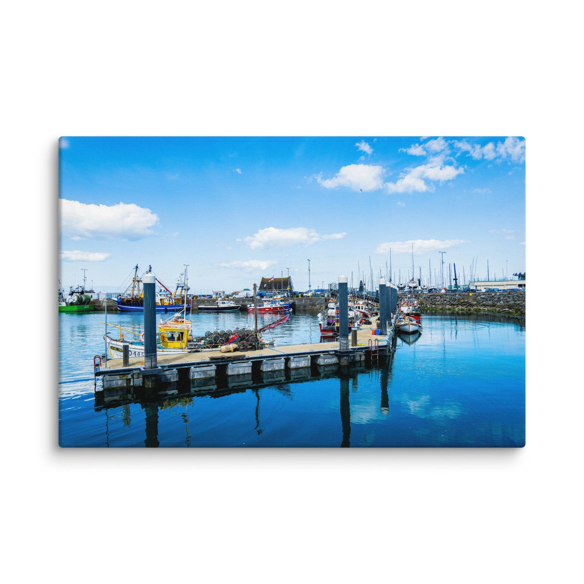 Vibrant fishing harbor in Howth, Ireland with colorful trawlers, nets, lighthouse and calm blue waters under bright sky – Celtic coastal travel photography canvas print wall art decor