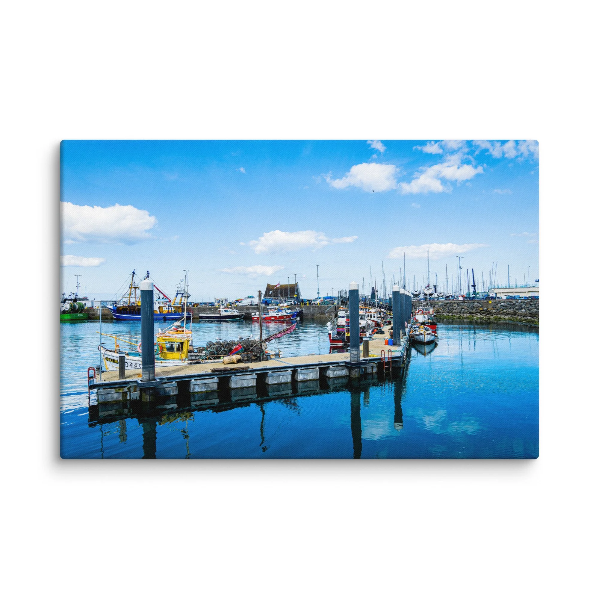 Vibrant fishing harbor in Howth, Ireland with colorful trawlers, nets, lighthouse and calm blue waters under bright sky – Celtic coastal travel photography canvas print wall art decor