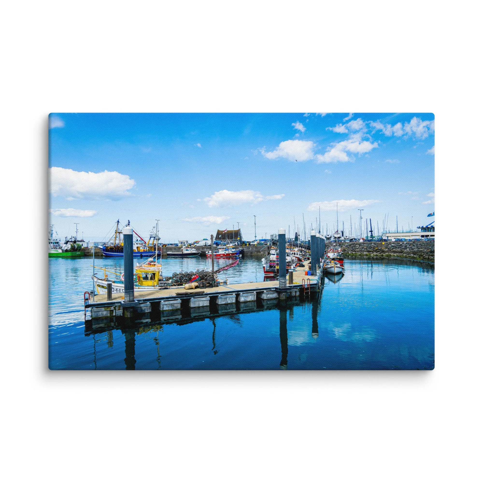 Vibrant fishing harbor in Howth, Ireland with colorful trawlers, nets, lighthouse and calm blue waters under bright sky – Celtic coastal travel photography canvas print wall art decor