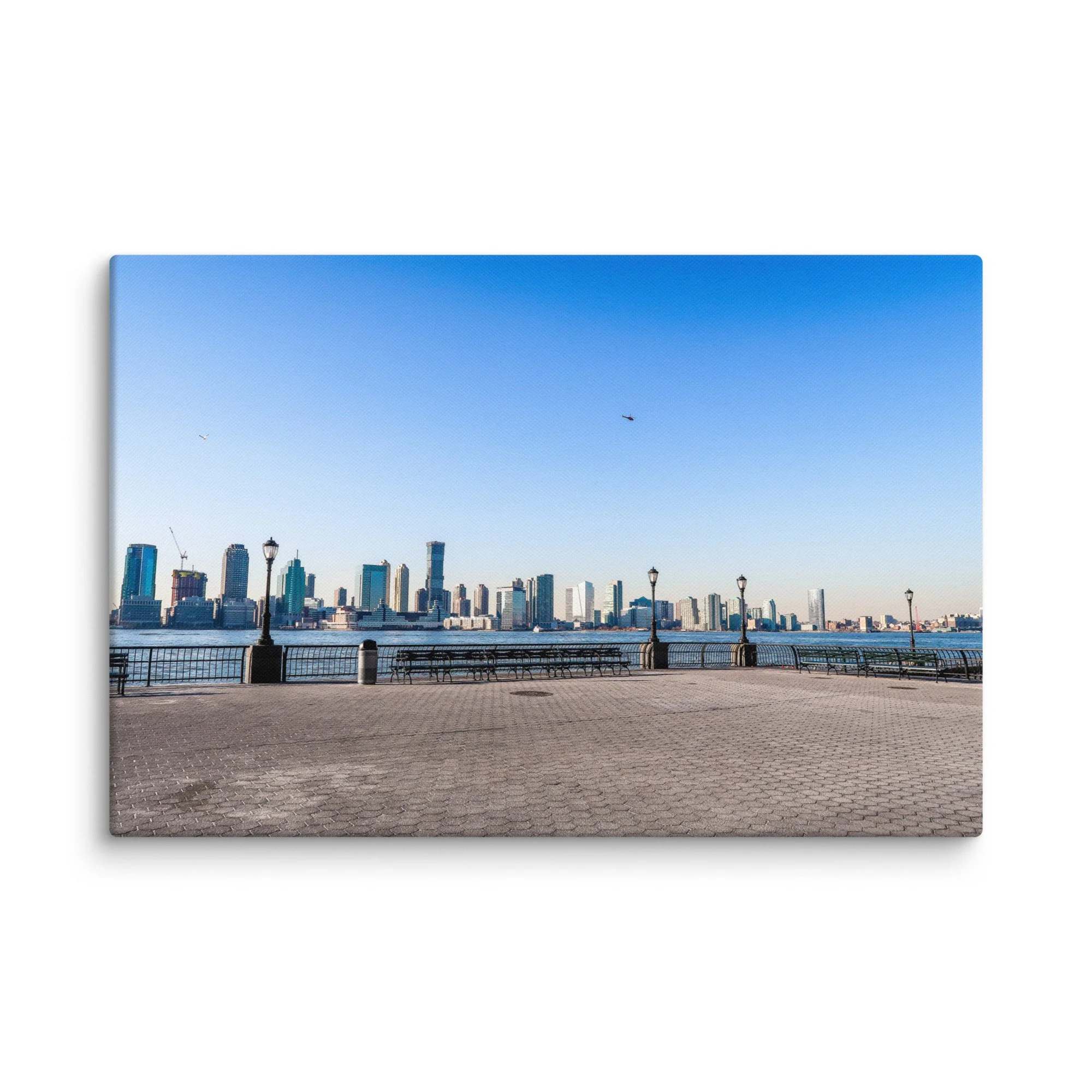 Panoramic view of Manhattan skyline from Brooklyn, New York City with East River, skyscrapers and blue sky – urban travel photography canvas print wall art decor