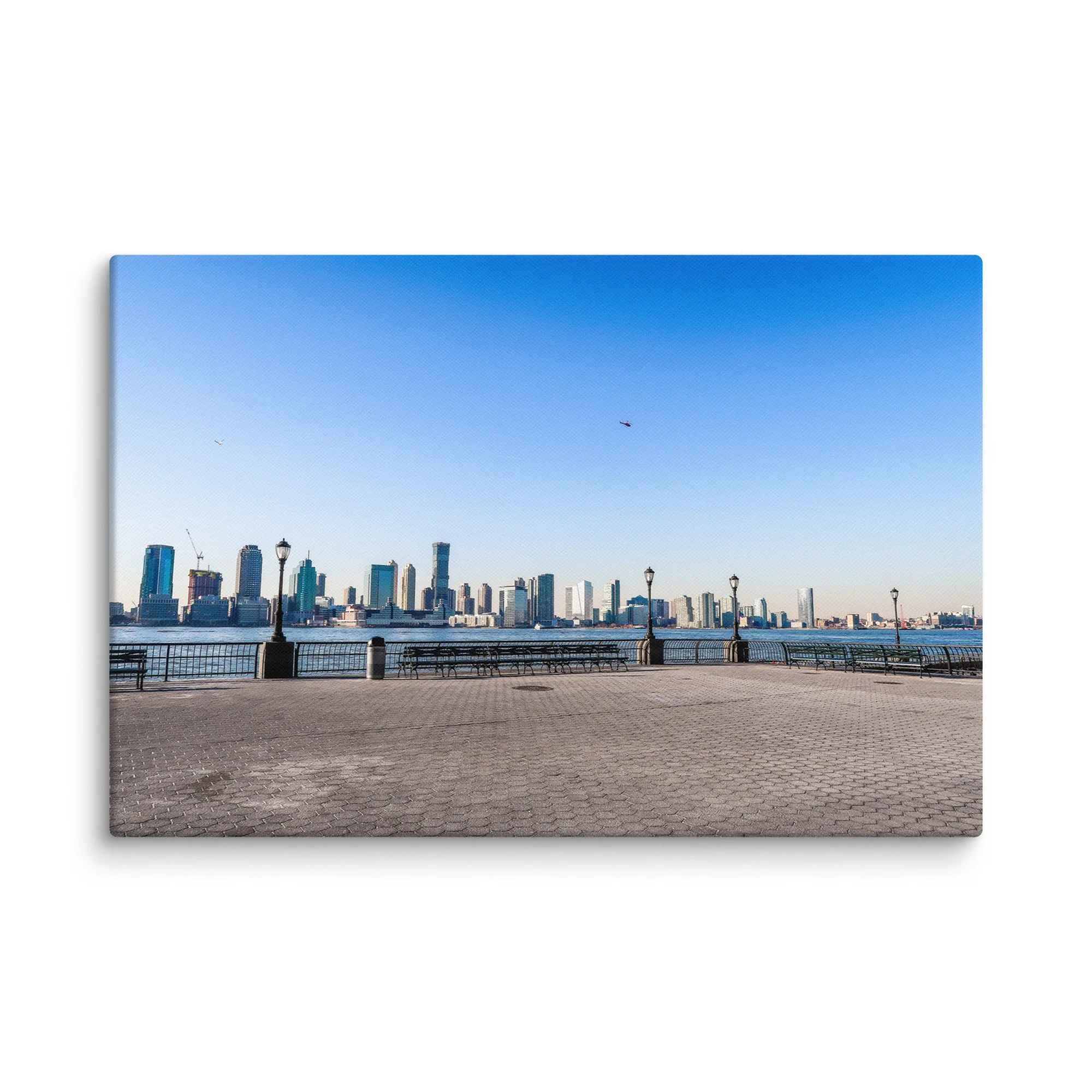 Panoramic view of Manhattan skyline from Brooklyn, New York City with East River, skyscrapers and blue sky – urban travel photography canvas print wall art decor