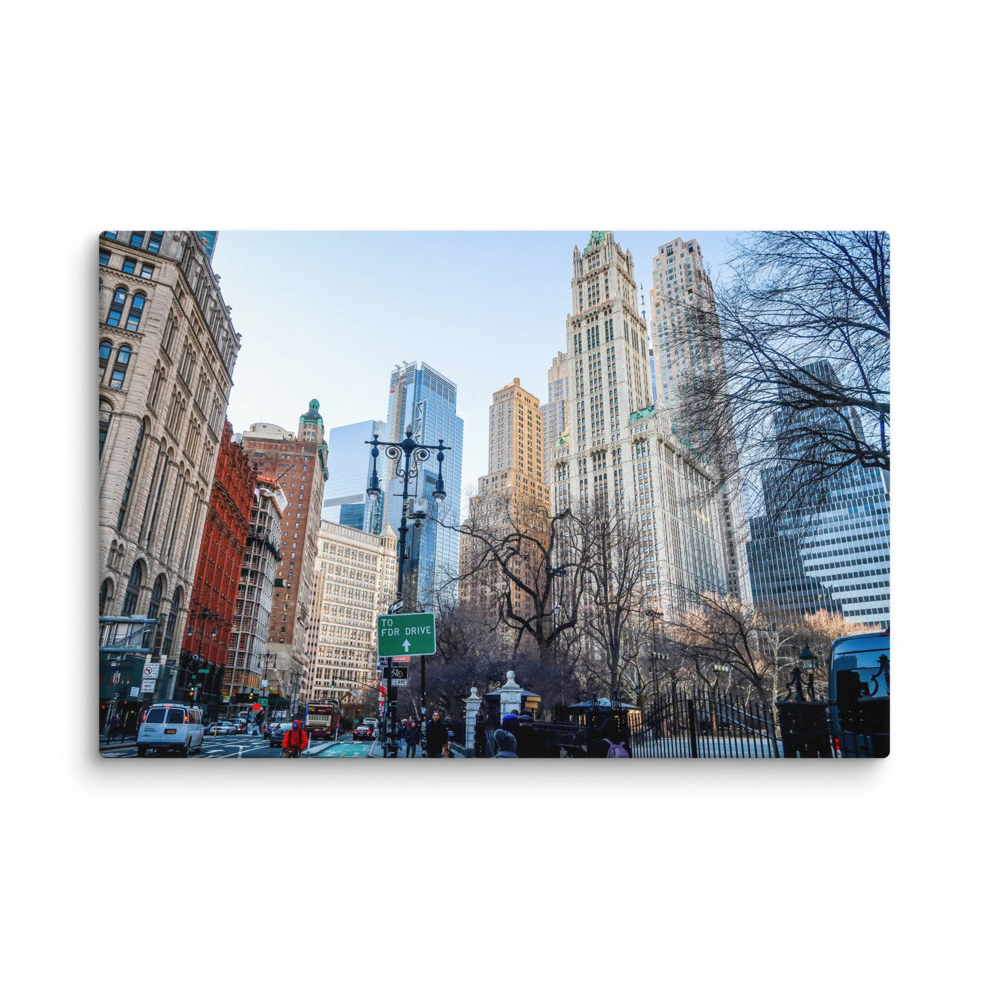 Iconic view of towering skyscrapers in New York City’s Financial District from Battery Park, with golden light and blue sky – urban travel photography canvas print wall art decor