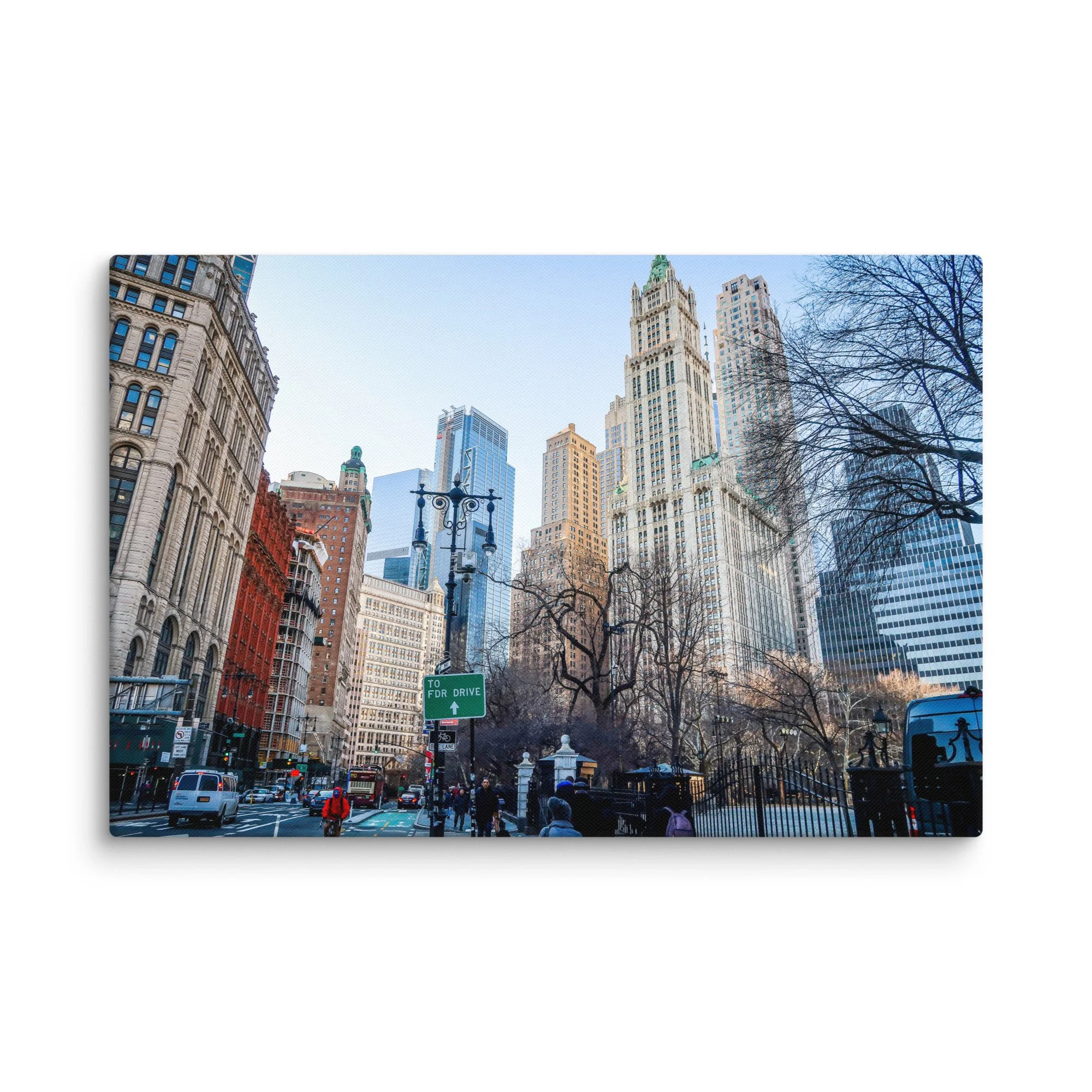 Iconic view of towering skyscrapers in New York City’s Financial District from Battery Park, with golden light and blue sky – urban travel photography canvas print wall art decor