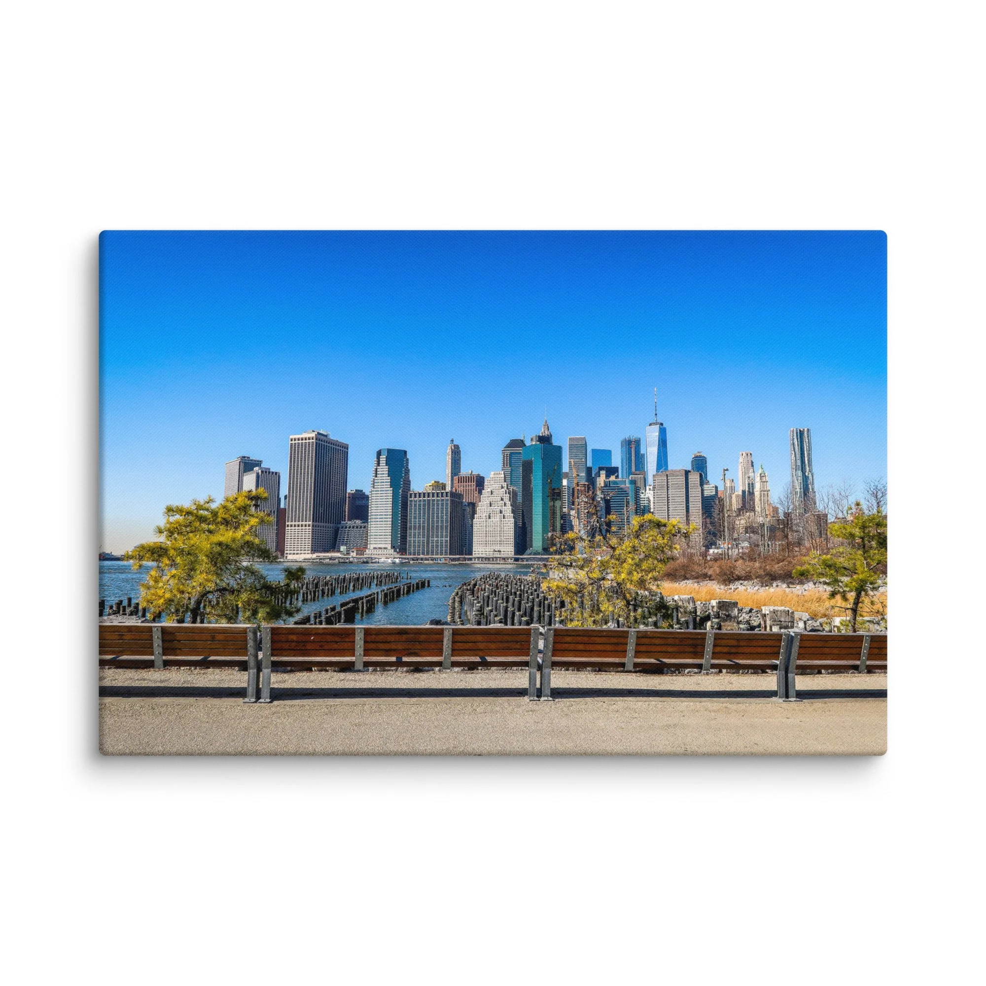Panoramic view of Manhattan skyline from Brooklyn, New York City with East River, skyscrapers and blue sky – urban travel photography canvas print wall art decor