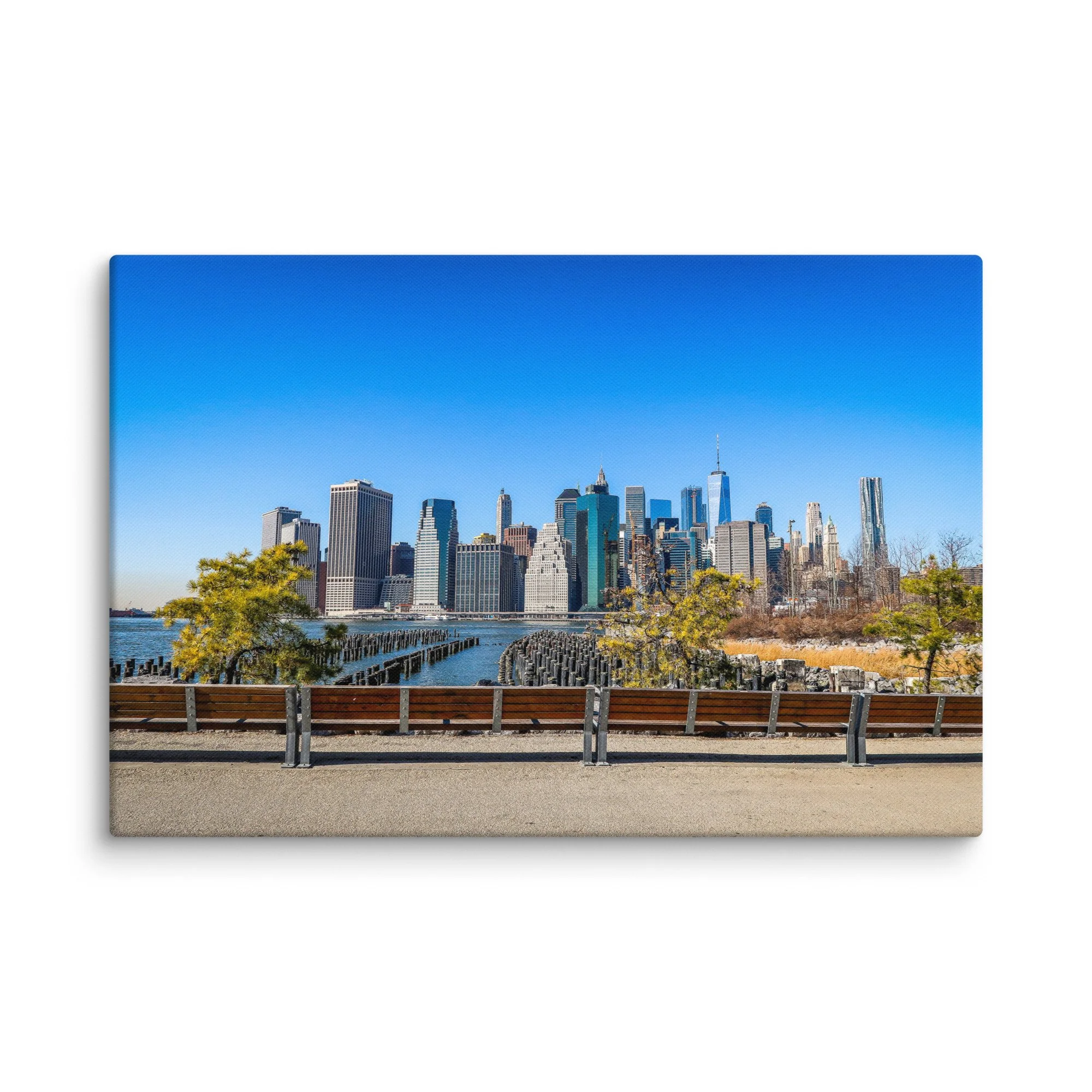Panoramic view of Manhattan skyline from Brooklyn, New York City with East River, skyscrapers and blue sky – urban travel photography canvas print wall art decor