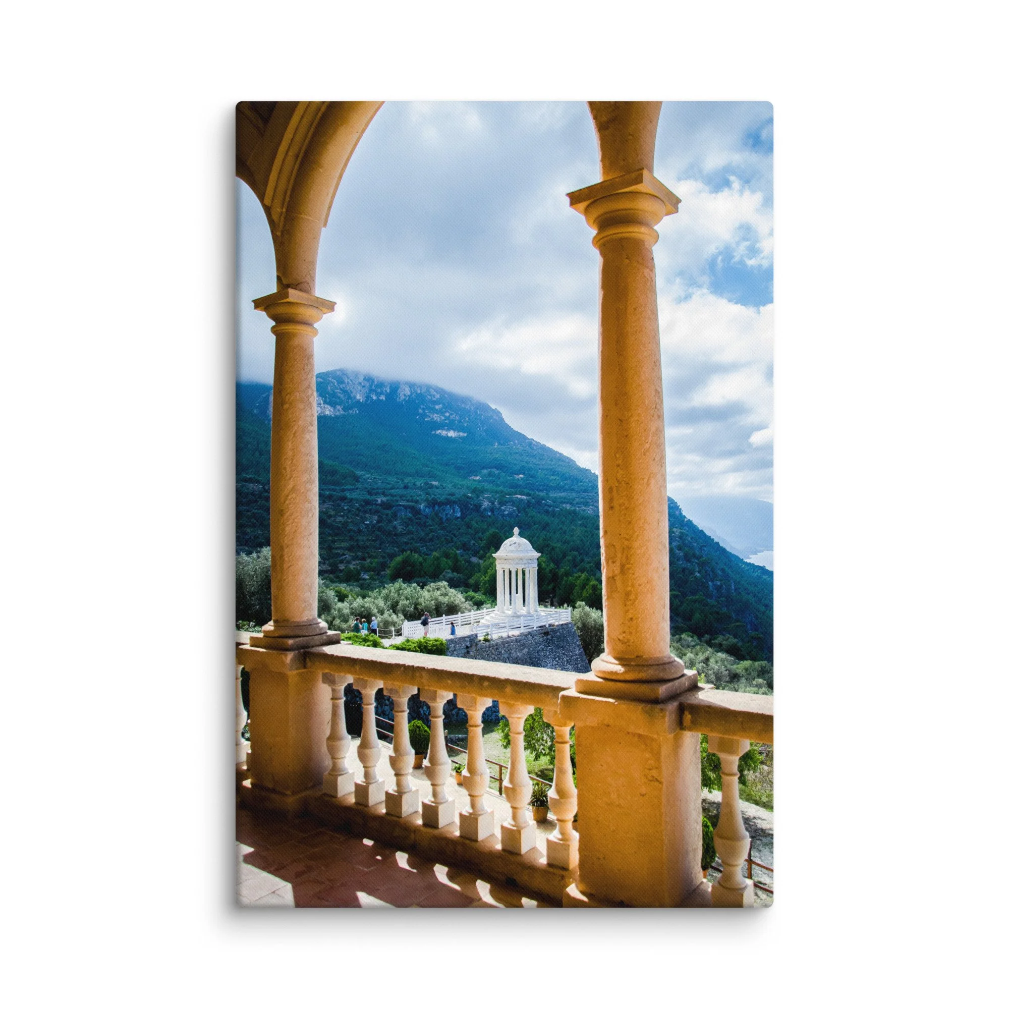 White neoclassical pavilion viewed through stone arches overlooking Tramuntana mountains and greenery in Mallorca, Spain – Mediterranean travel photography canvas print wall art