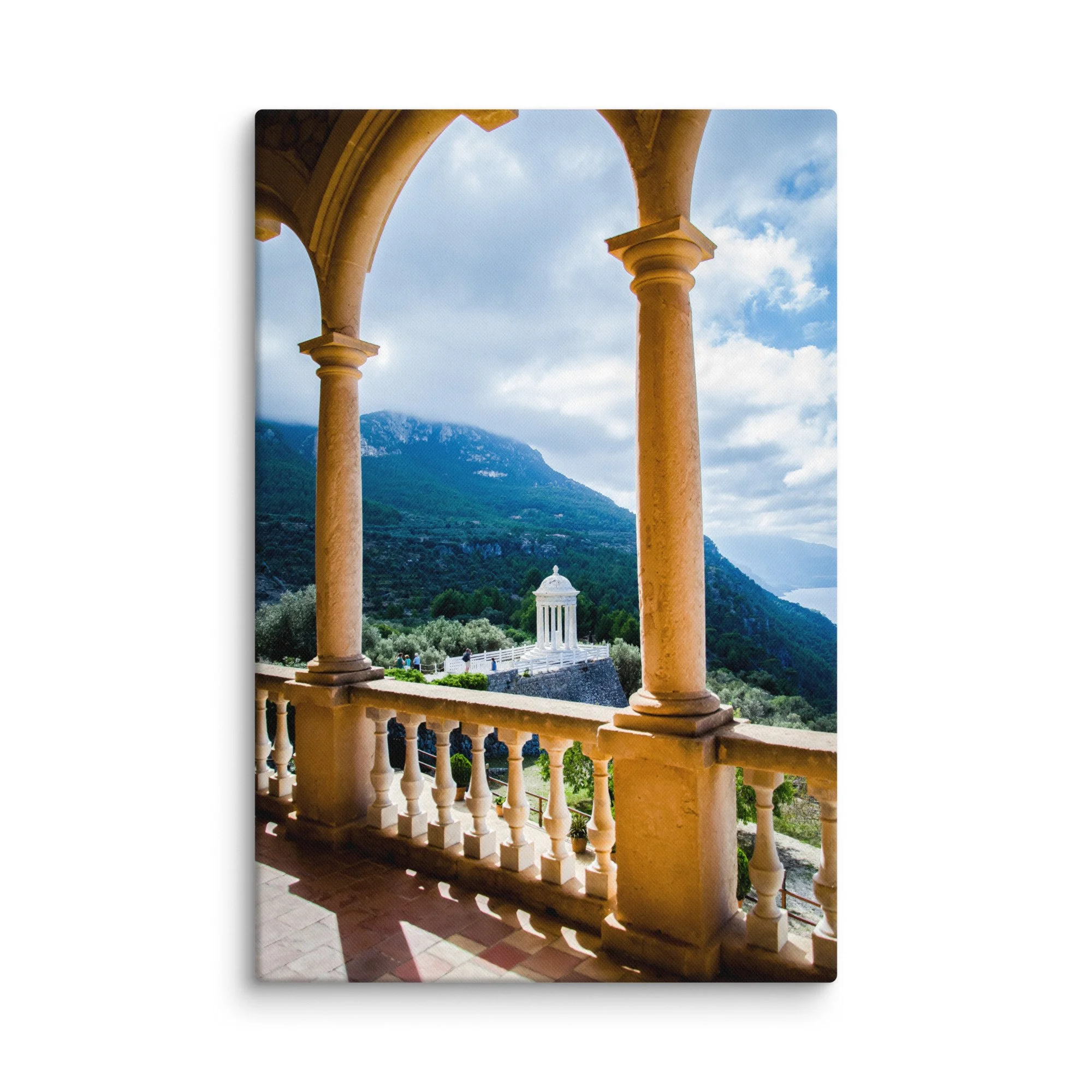 White neoclassical pavilion viewed through stone arches overlooking Tramuntana mountains and greenery in Mallorca, Spain – Mediterranean travel photography canvas print wall art