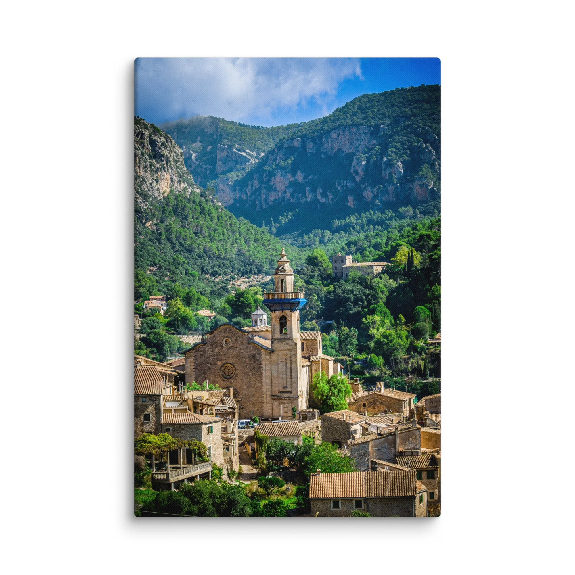 Historic church with blue-domed bell tower overlooking the picturesque village of Valldemossa in Mallorca’s Tramuntana mountains, Spain – Mediterranean travel photography canvas