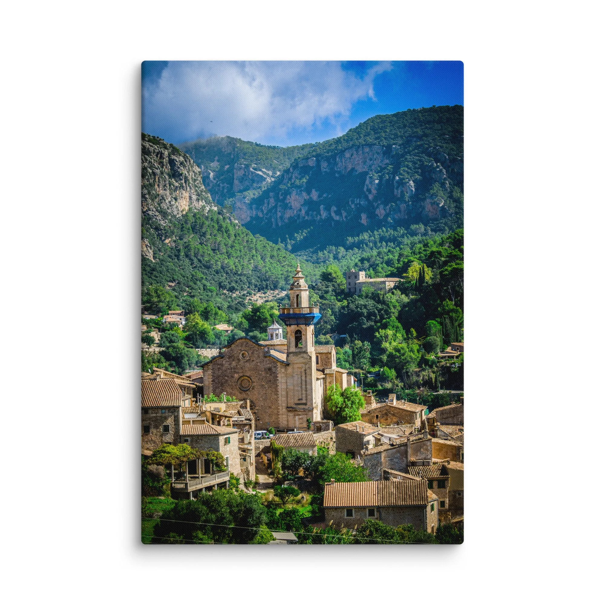 Historic church with blue-domed bell tower overlooking the picturesque village of Valldemossa in Mallorca’s Tramuntana mountains, Spain – Mediterranean travel photography canvas
