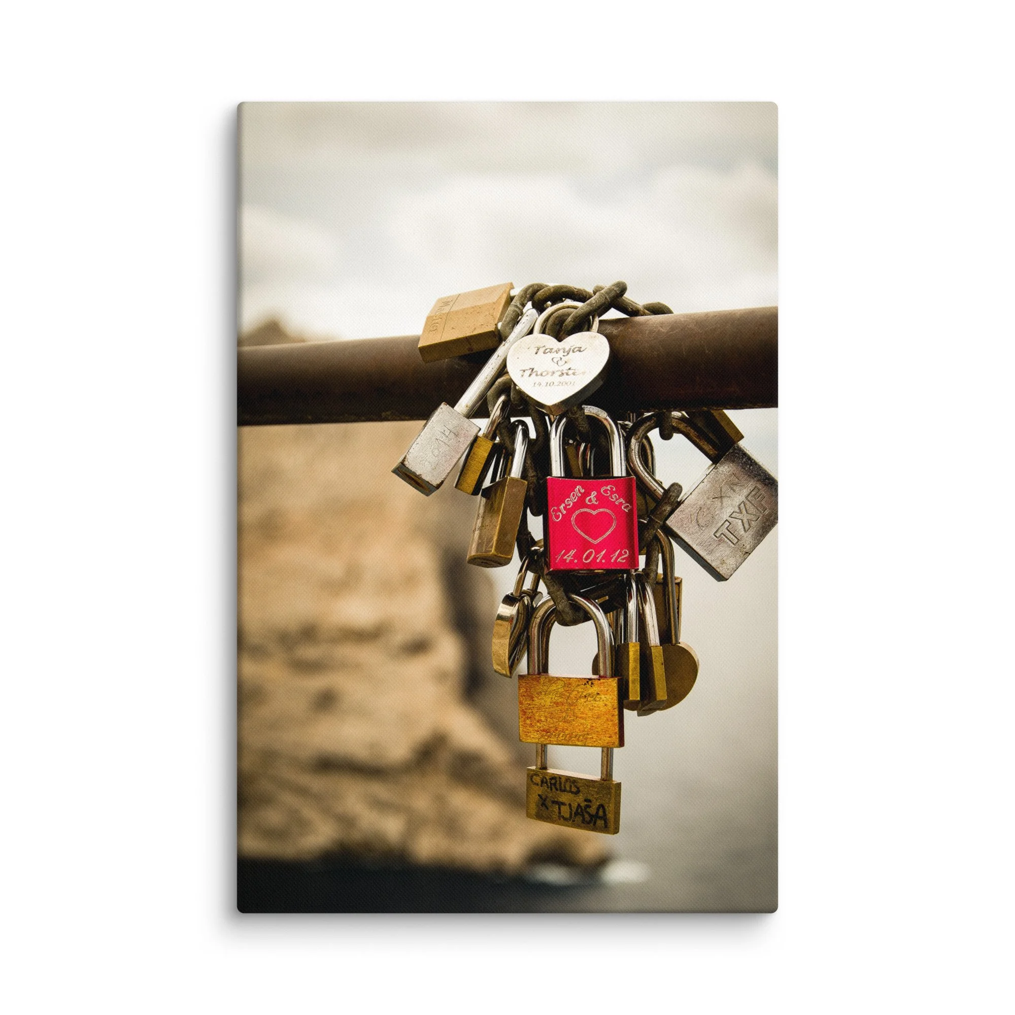 Cluster of colorful love locks attached to a railing overlooking the turquoise Mediterranean Sea and Mallorca’s rugged cliffs – romantic travel photography canvas print wall art decor