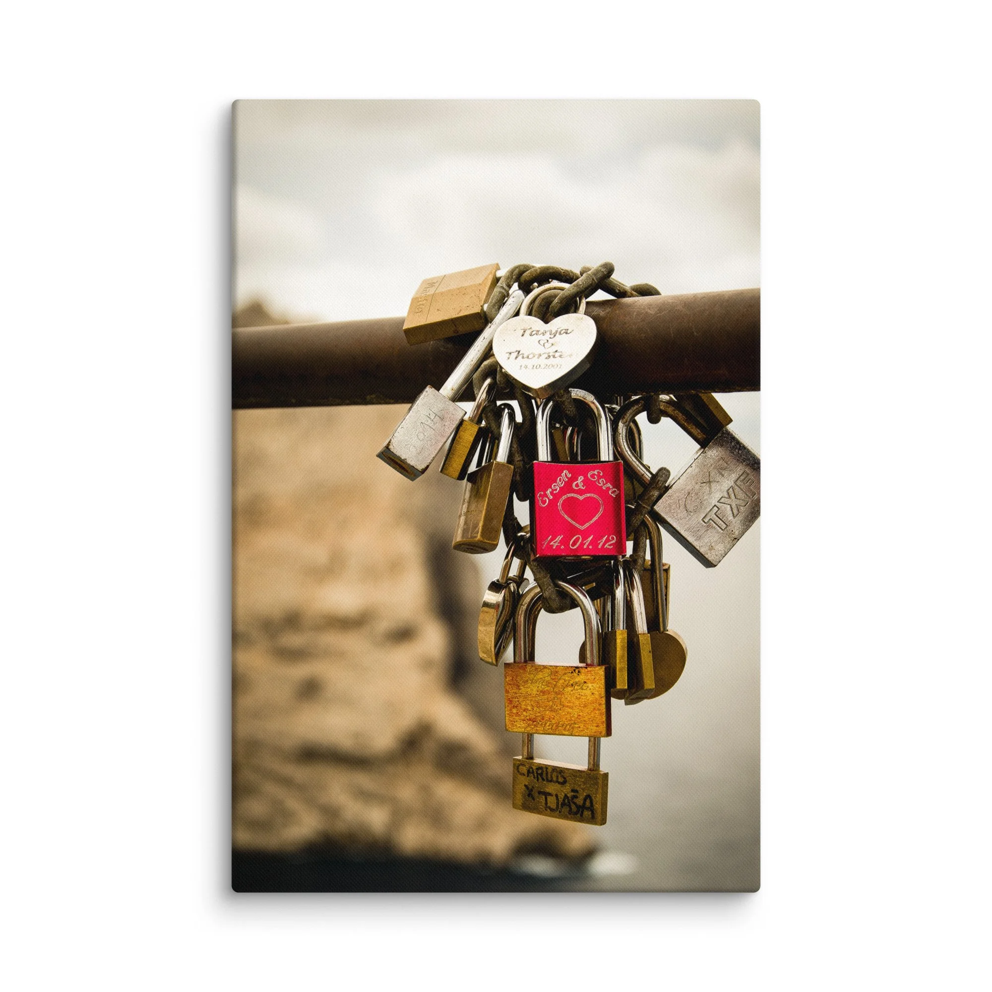 Cluster of colorful love locks attached to a railing overlooking the turquoise Mediterranean Sea and Mallorca’s rugged cliffs – romantic travel photography canvas print wall art decor