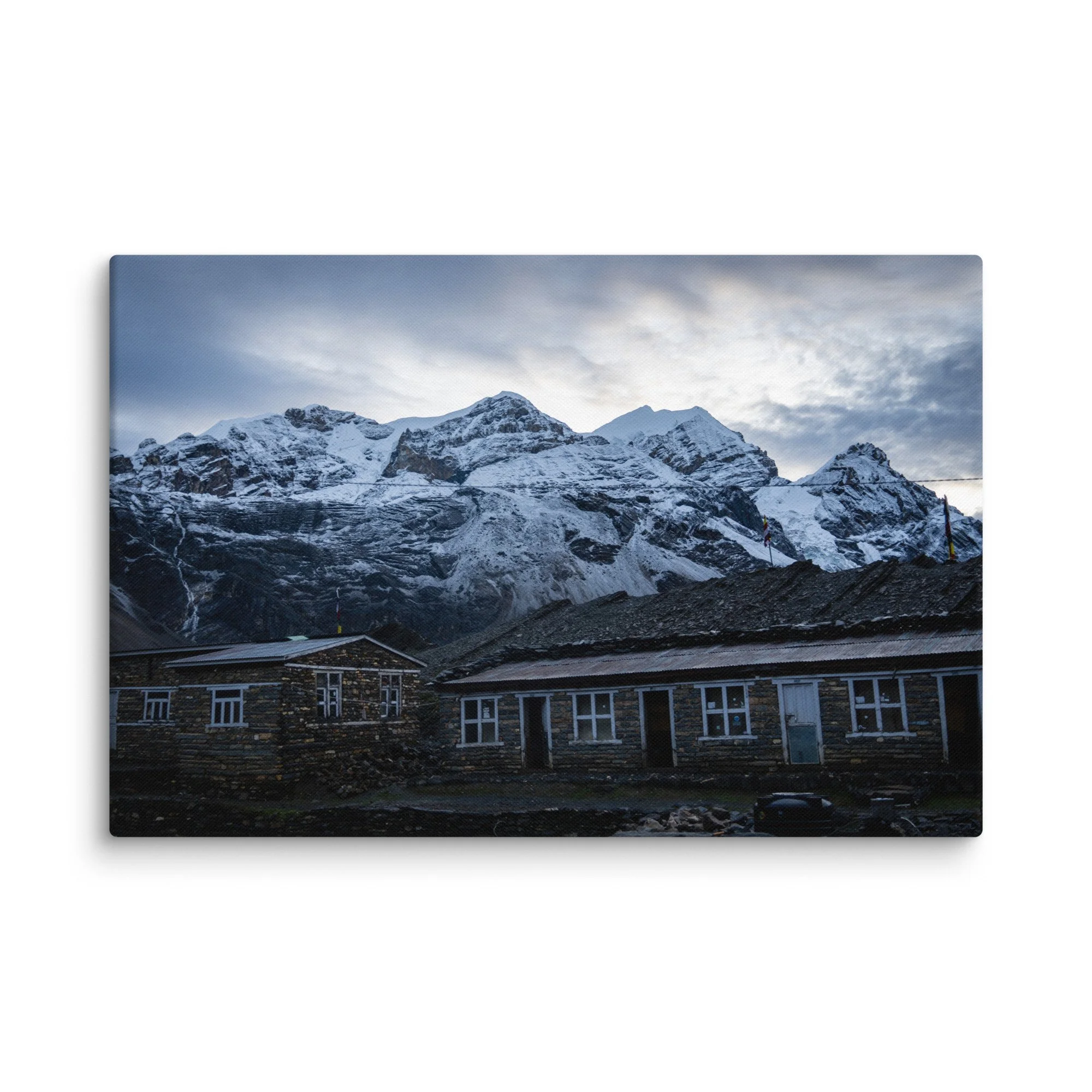 Snow-covered high ridge on the Annapurna Circuit, Nepal with dramatic Himalayan peaks and moody sky – trekking travel photography canvas print wall art decor